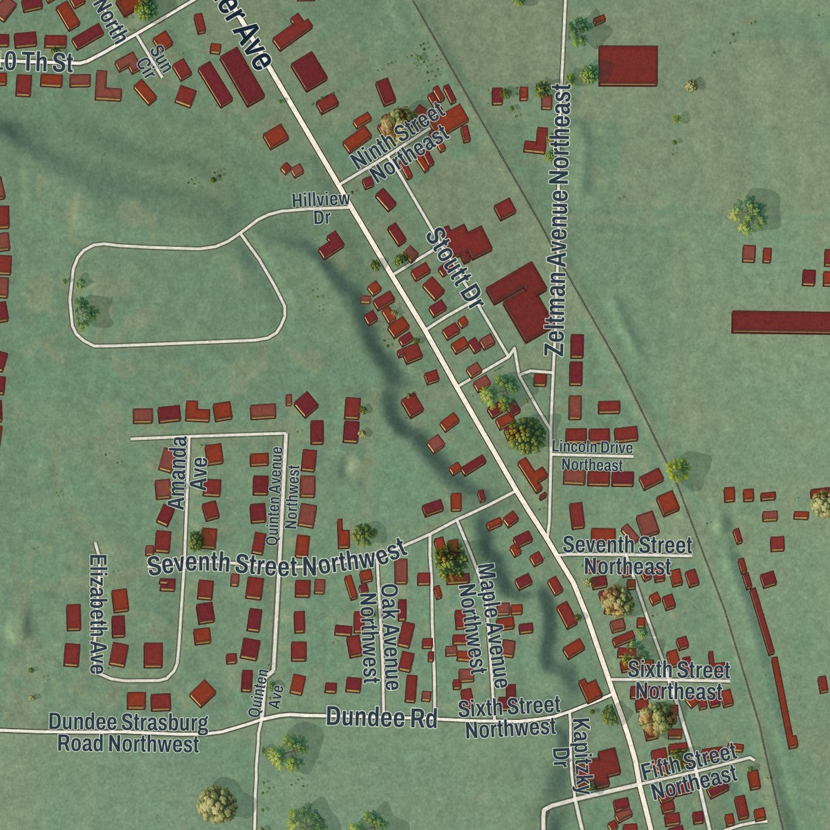 Second close-up of the map of Strasburg, Ohio print showing more streets and buildings