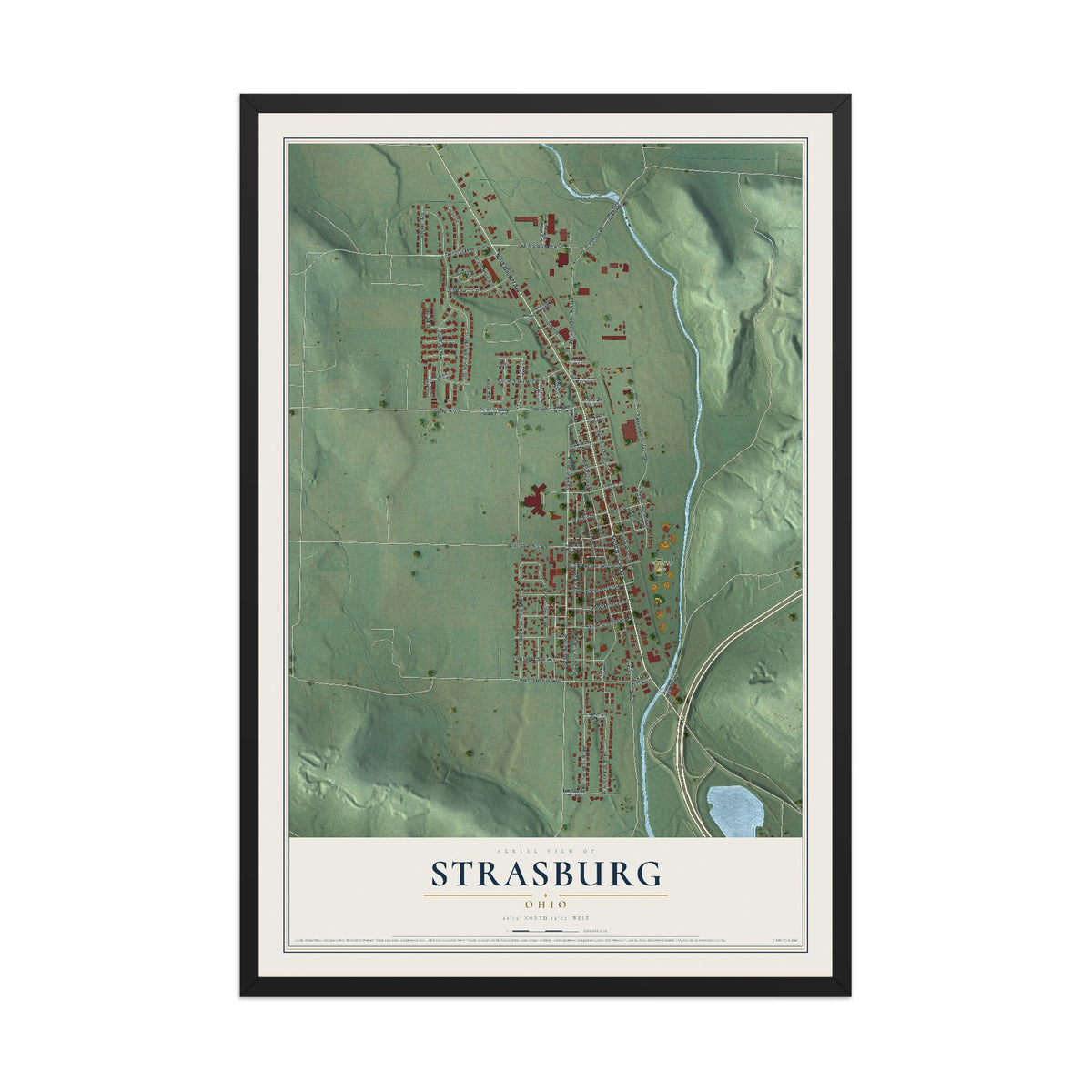 Map of Strasburg, Ohio, 12 x 18 inch print in a black wood frame