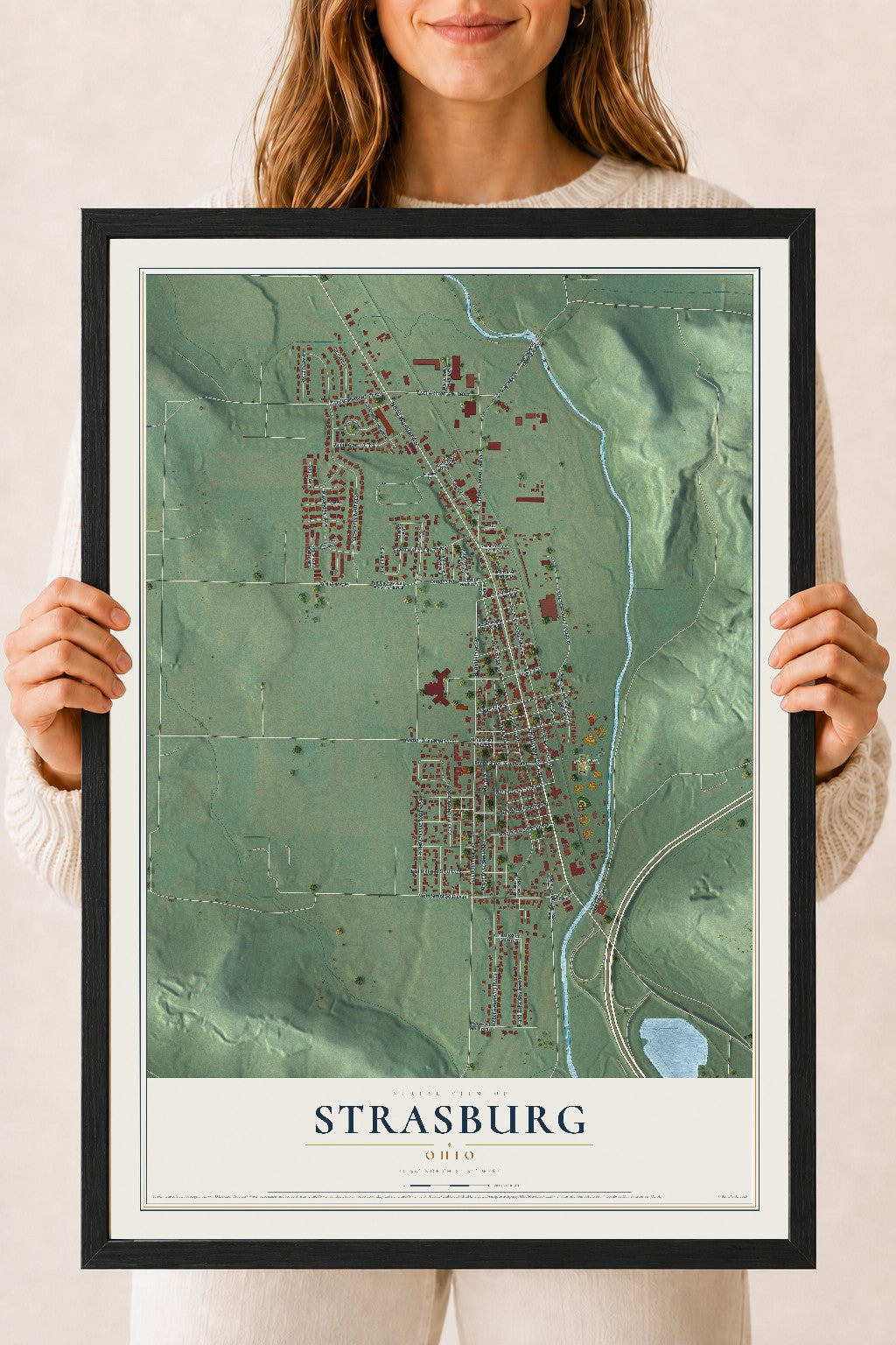 Map of Strasburg, Ohio, 18 x 24 inch print in a black wood frame