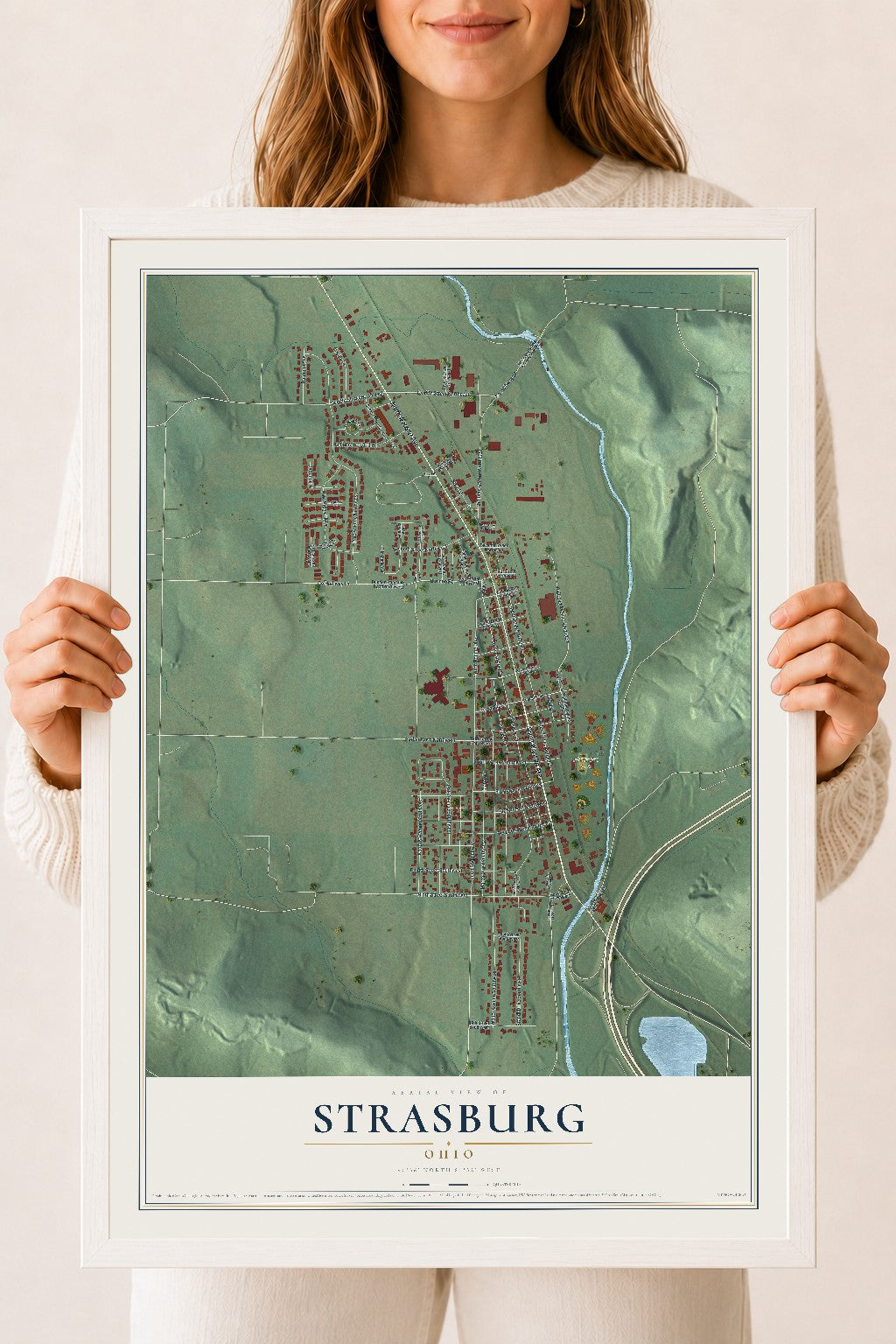 Map of Strasburg, Ohio, 18 x 24 inch print in a white wood frame