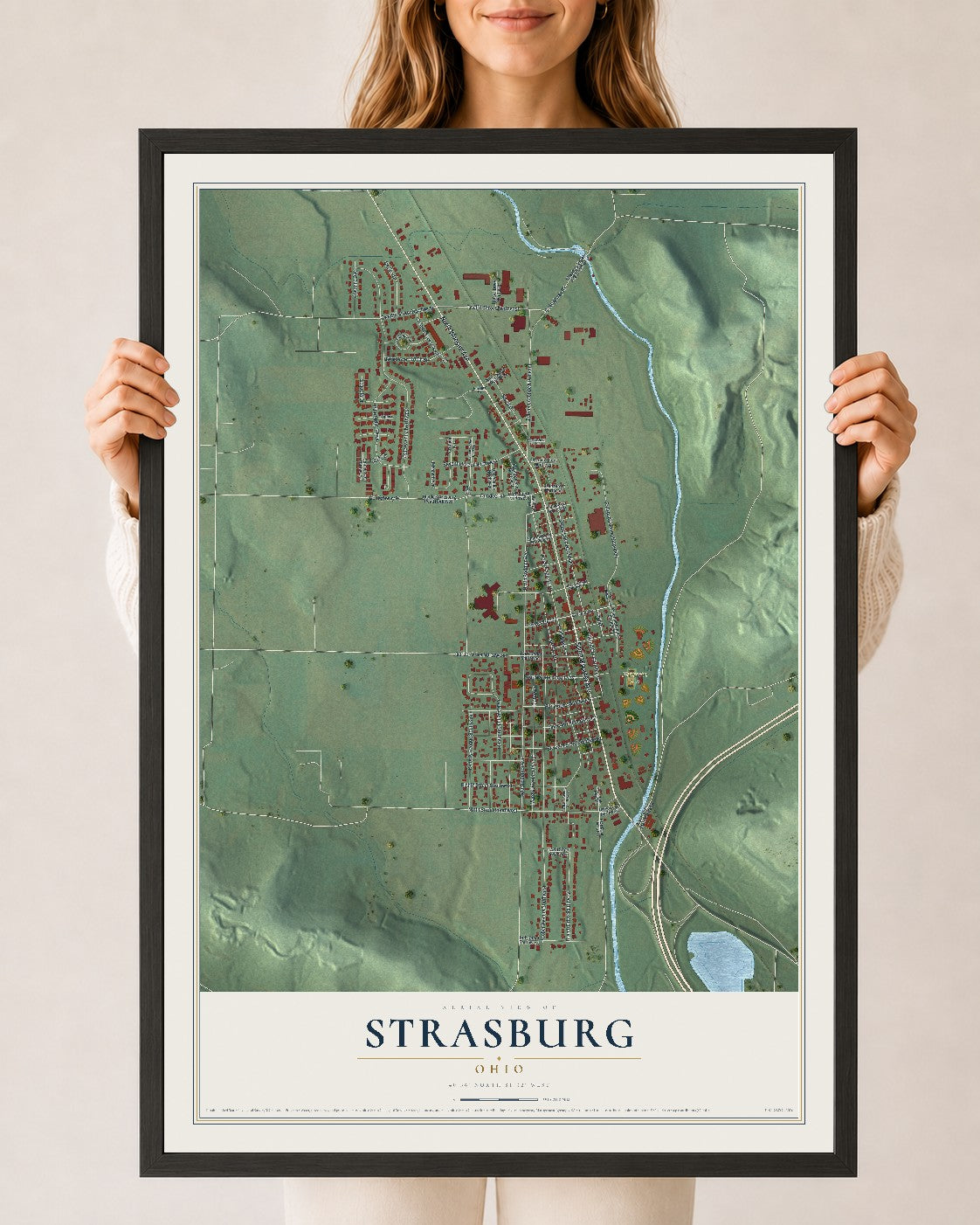 Map of Strasburg, Ohio, 24 x 36 inch print in a black wood frame
