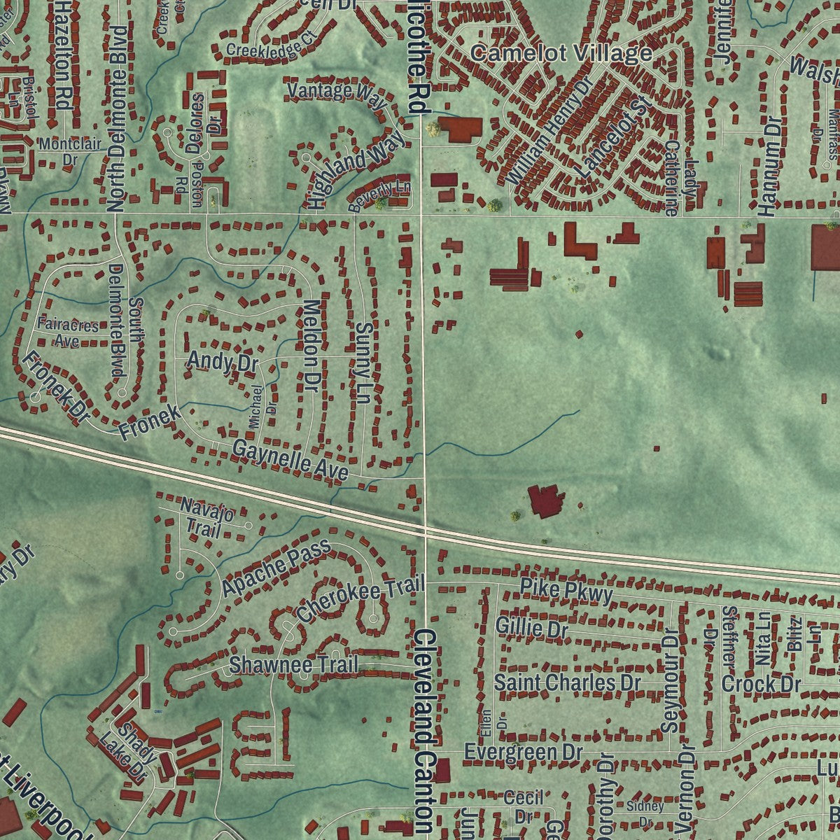 Close-up of the map of Streetsboro, Ohio print showing street and building detail