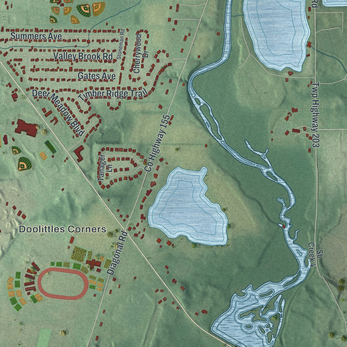 Second close-up of the map of Streetsboro, Ohio print showing more streets and buildings
