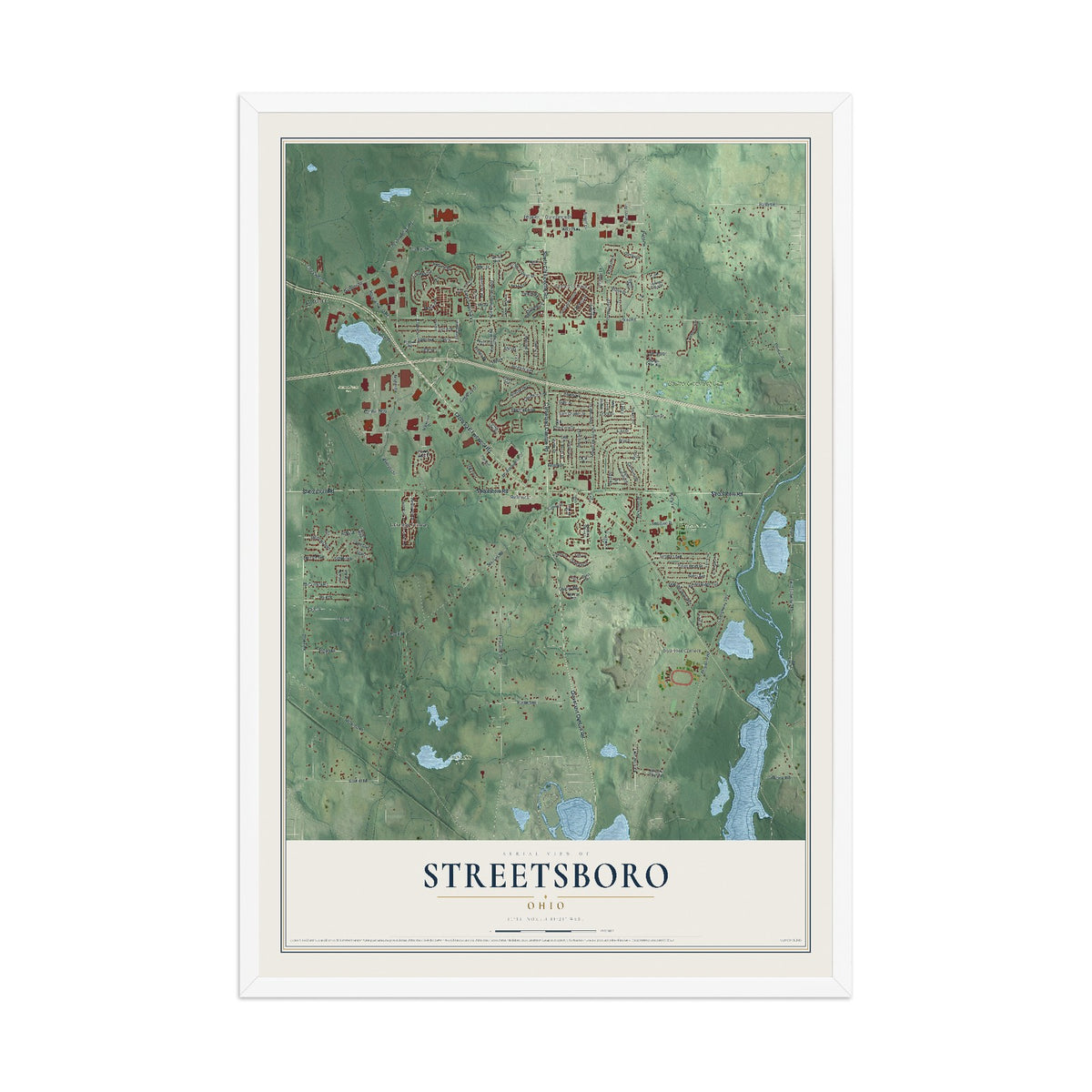 Map of Streetsboro, Ohio, 12 x 18 inch print in a white wood frame