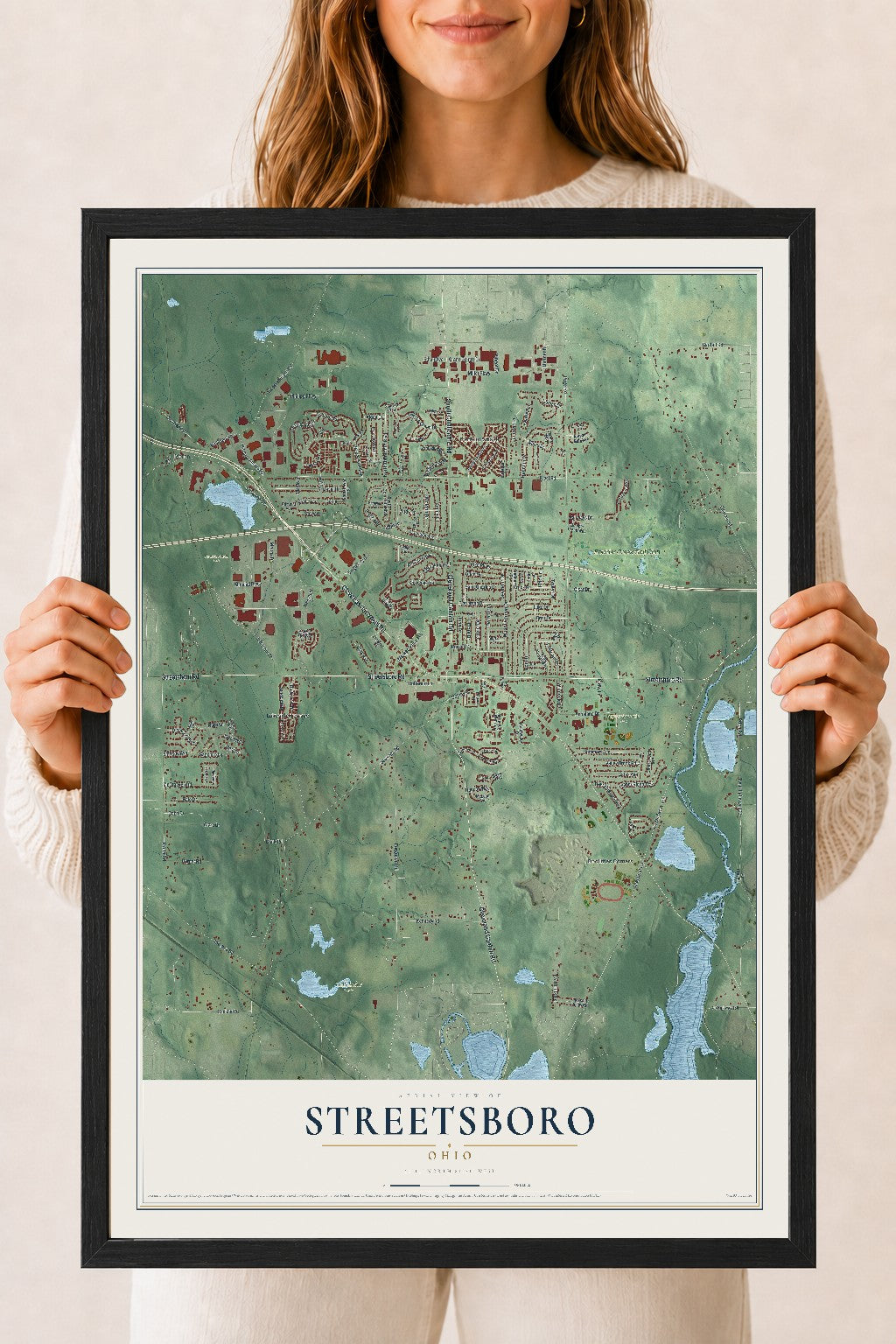 Map of Streetsboro, Ohio, 18 x 24 inch print in a black wood frame