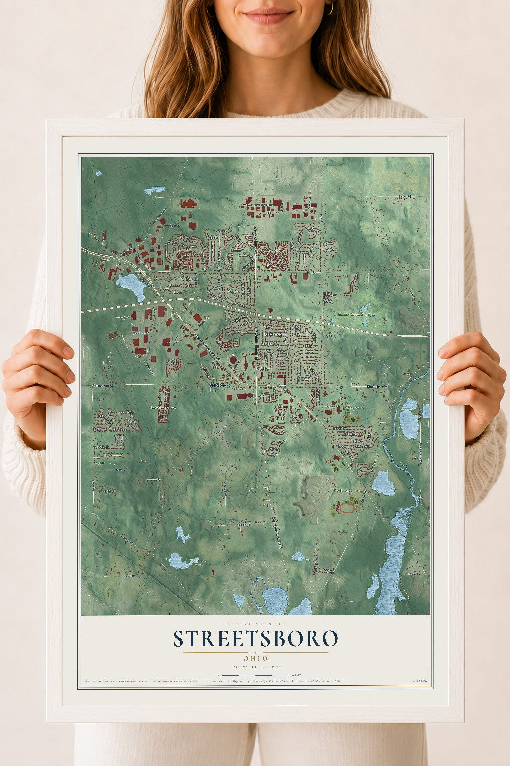 Map of Streetsboro, Ohio, 18 x 24 inch print in a white wood frame