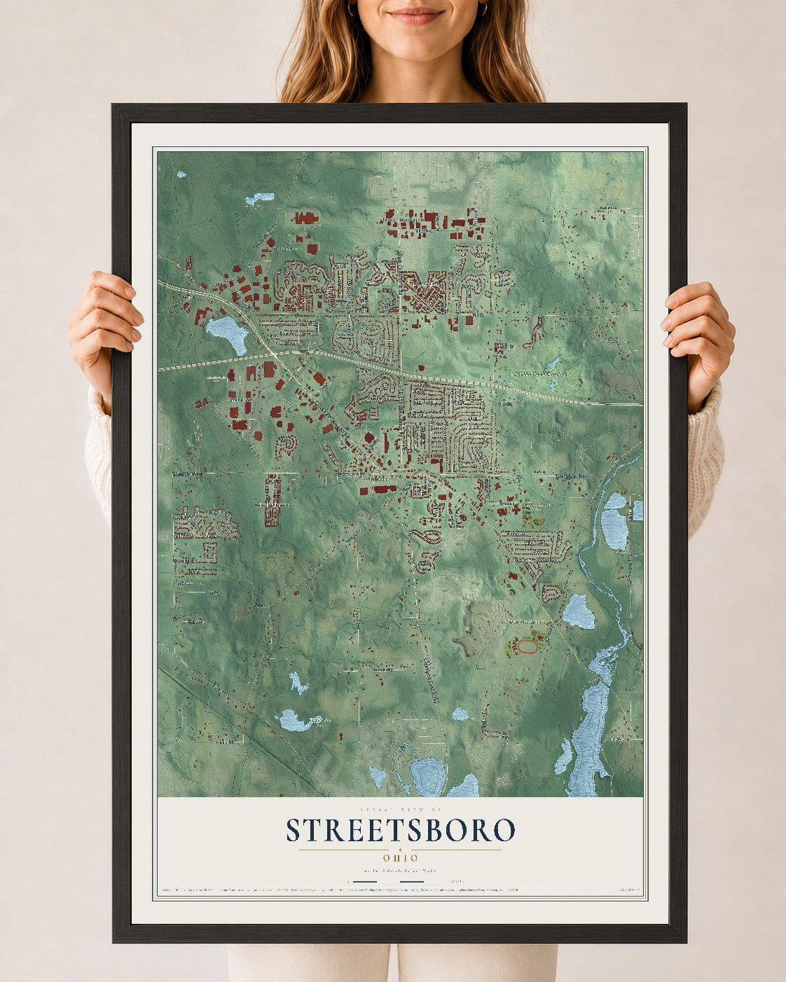 Map of Streetsboro, Ohio, 24 x 36 inch print in a black wood frame
