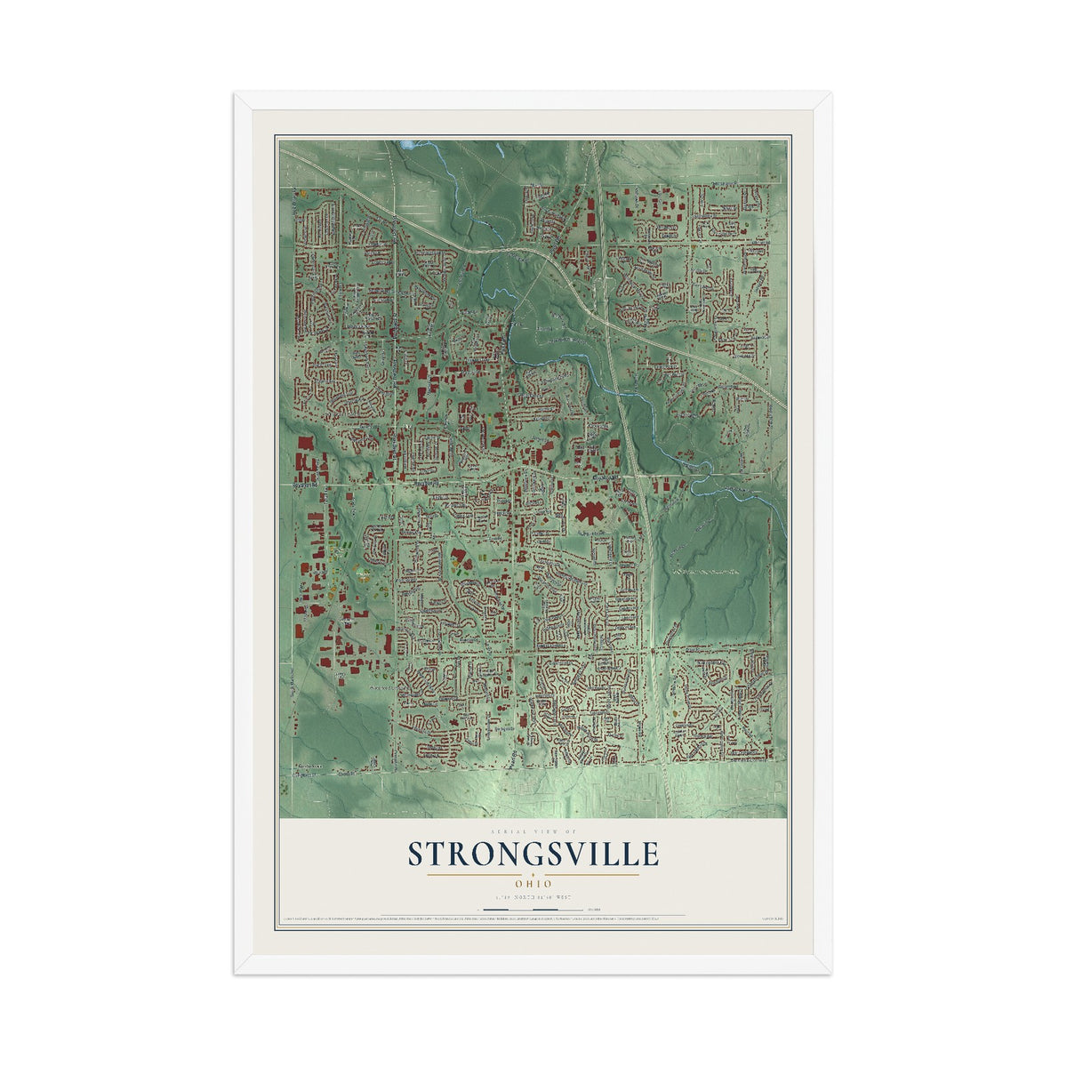 Map of Strongsville, Ohio, 12 x 18 inch print in a white wood frame