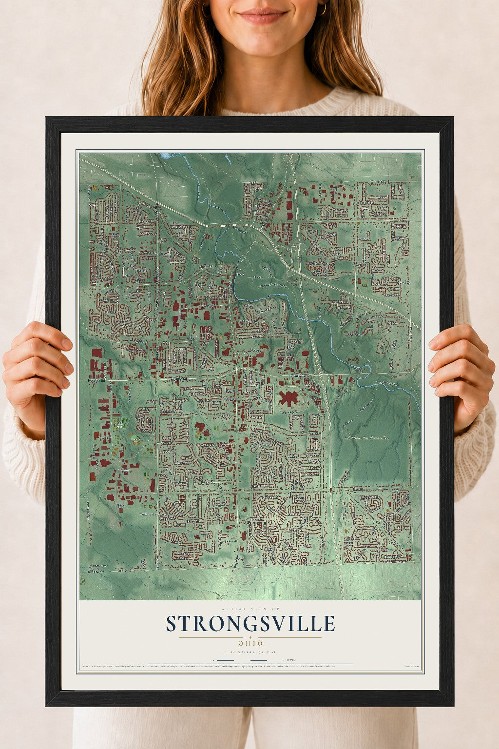 Map of Strongsville, Ohio, 18 x 24 inch print in a black wood frame