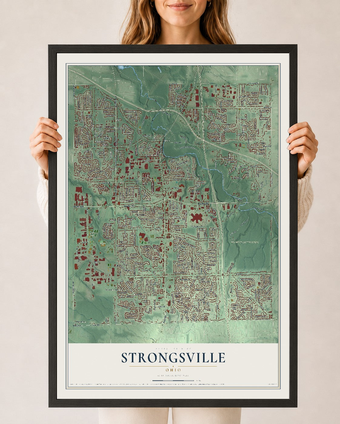 Map of Strongsville, Ohio, 24 x 36 inch print in a black wood frame