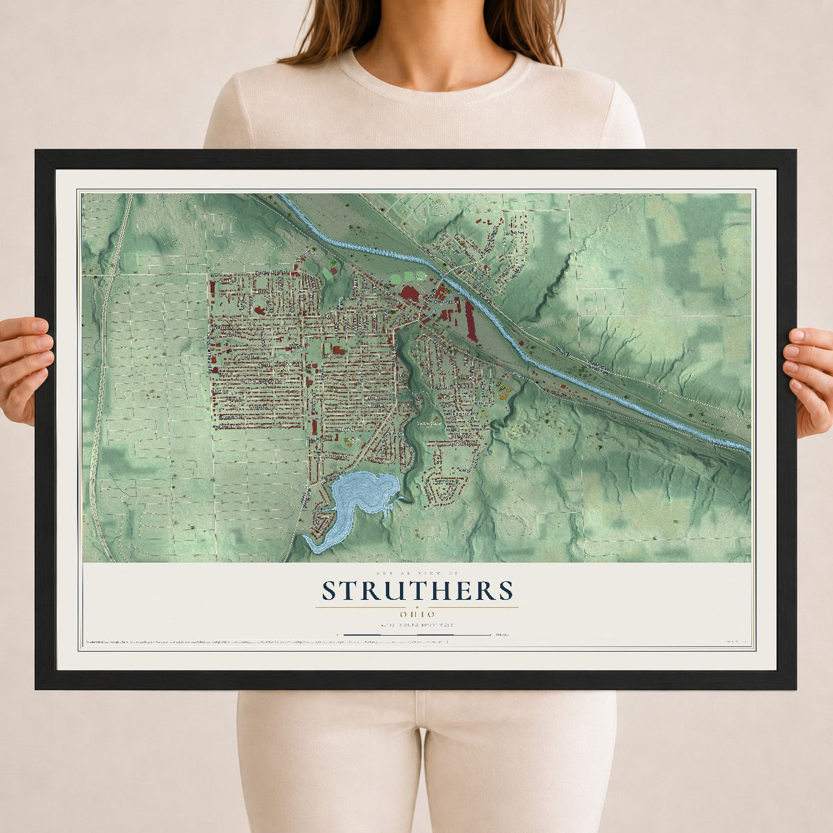 Map of Struthers, Ohio, 18 x 24 inch print in a black wood frame