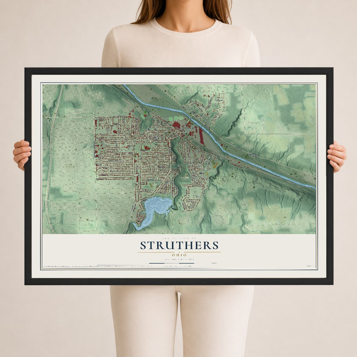 Map of Struthers, Ohio, 24 x 36 inch print in a black wood frame