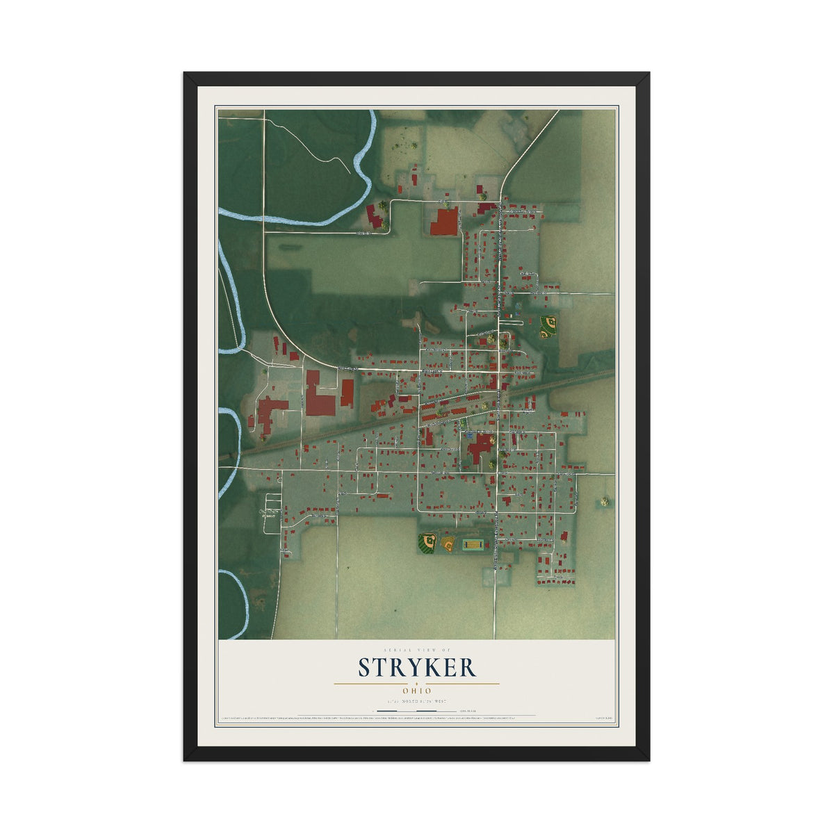 Map of Stryker, Ohio, 12 x 18 inch print in a black wood frame