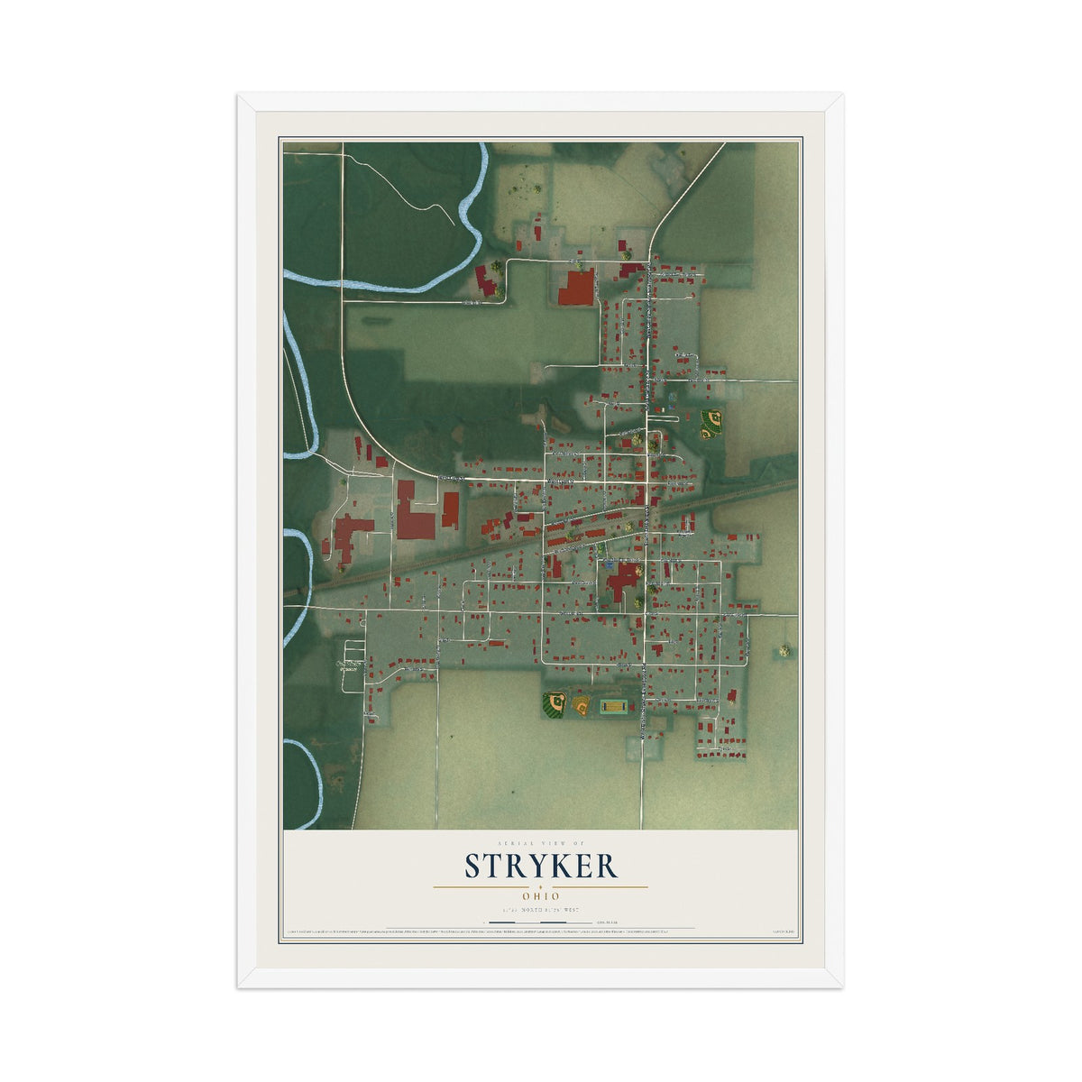 Map of Stryker, Ohio, 12 x 18 inch print in a white wood frame
