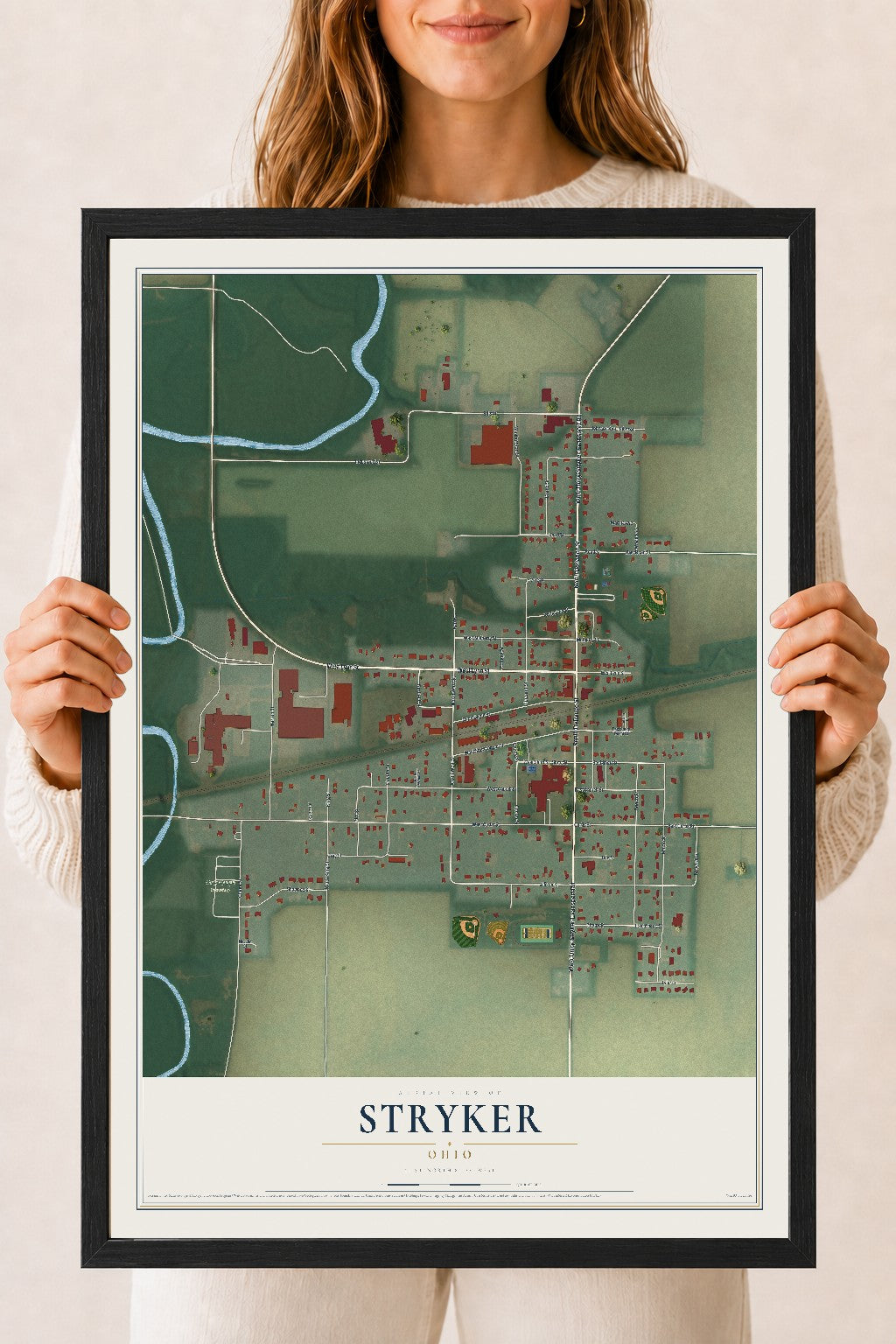 Map of Stryker, Ohio, 18 x 24 inch print in a black wood frame