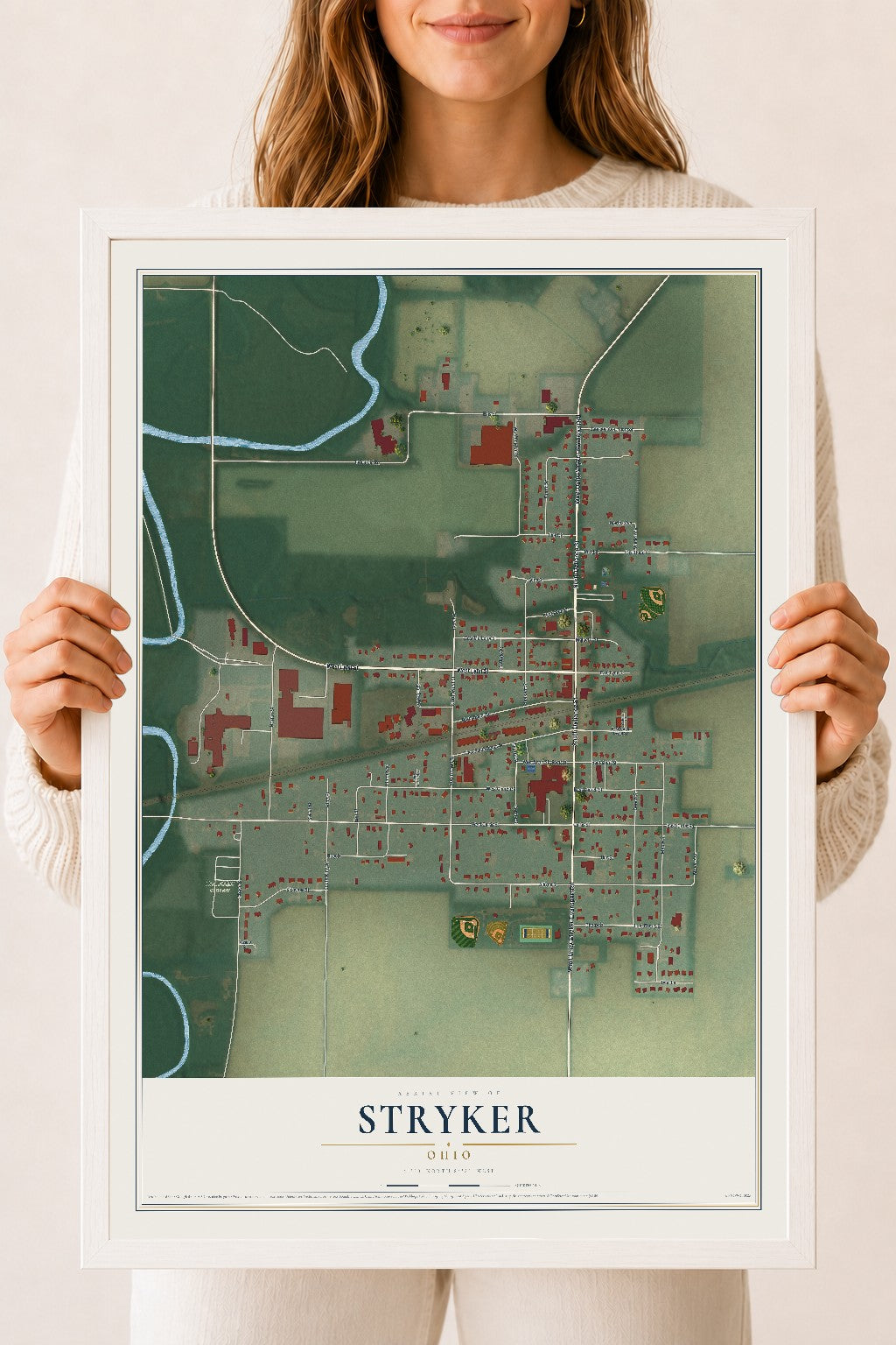 Map of Stryker, Ohio, 18 x 24 inch print in a white wood frame