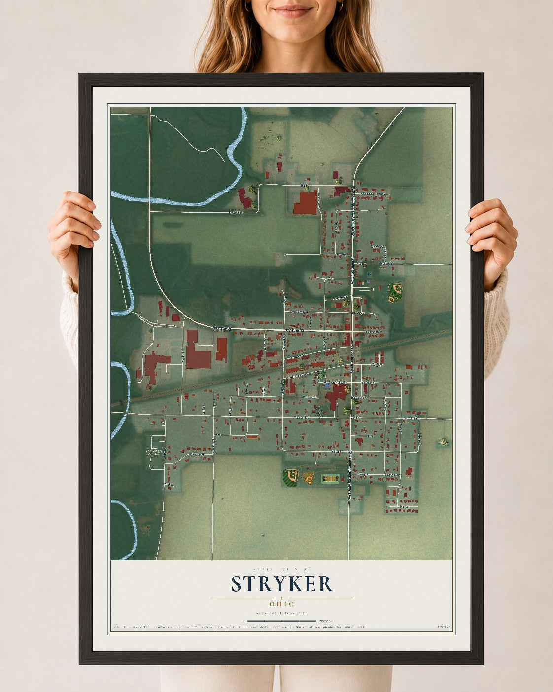 Map of Stryker, Ohio, 24 x 36 inch print in a black wood frame