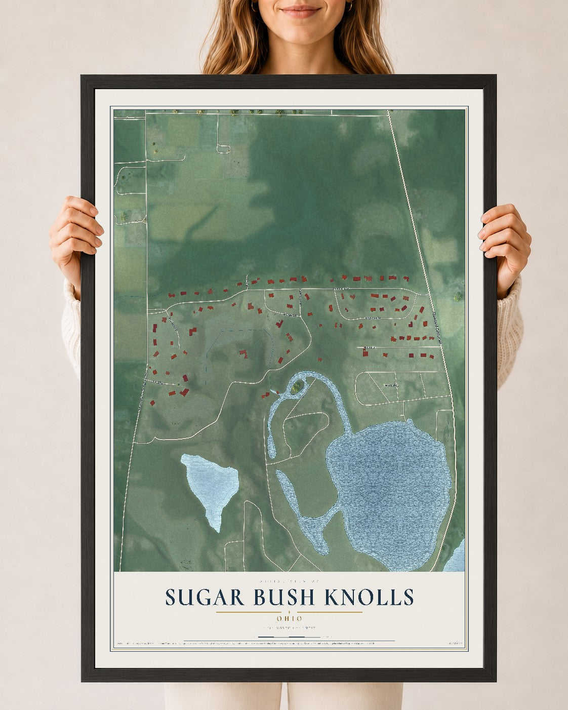 Map of Sugar Bush Knolls, Ohio, 24 x 36 inch print in a black wood frame