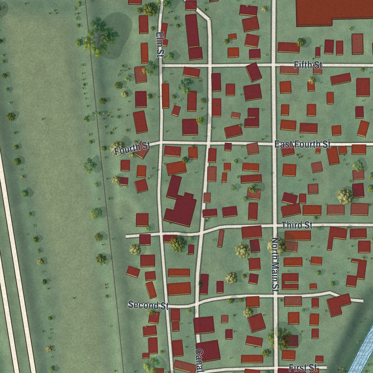 Close-up of the map of Sugar Grove, Ohio print showing street and building detail