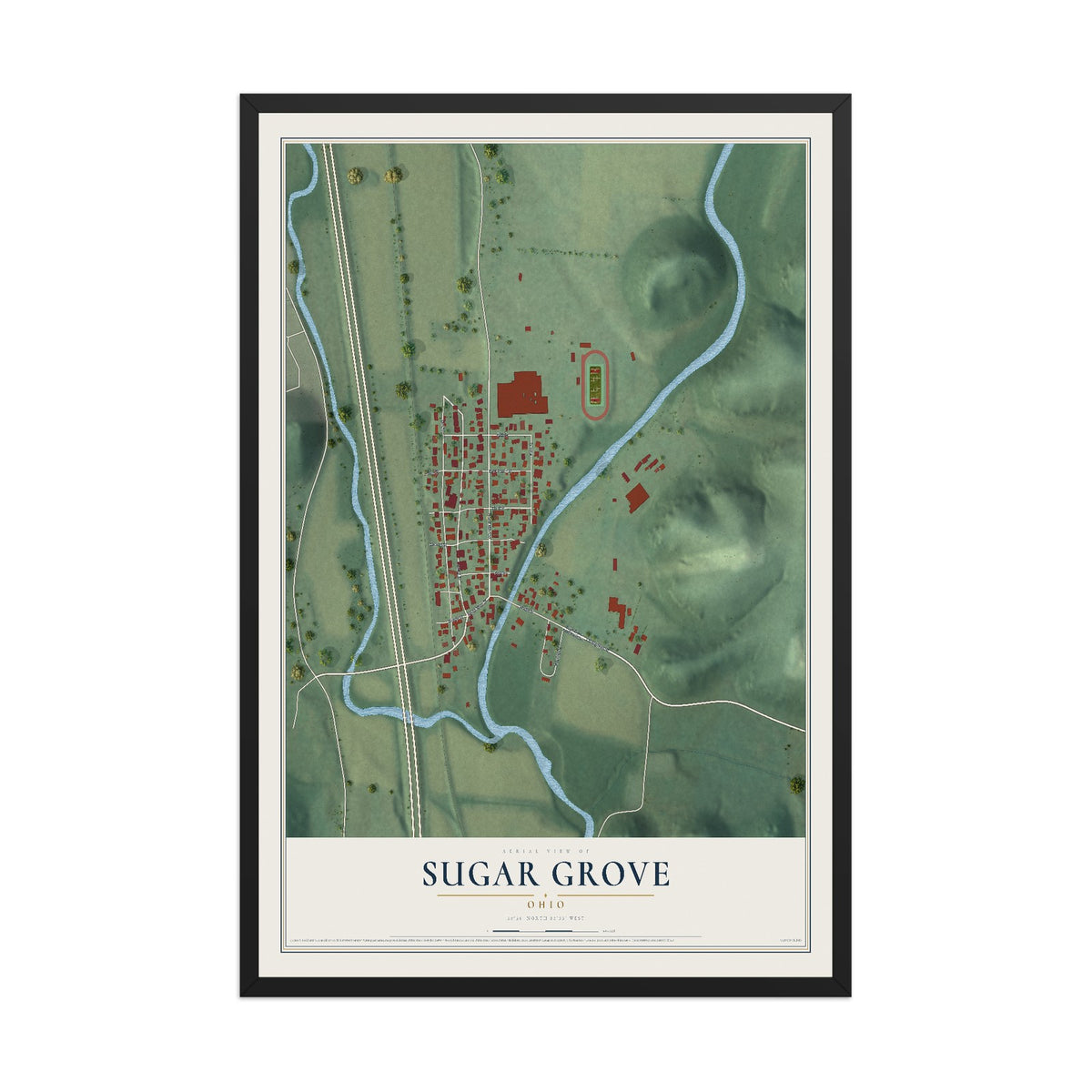 Map of Sugar Grove, Ohio, 12 x 18 inch print in a black wood frame