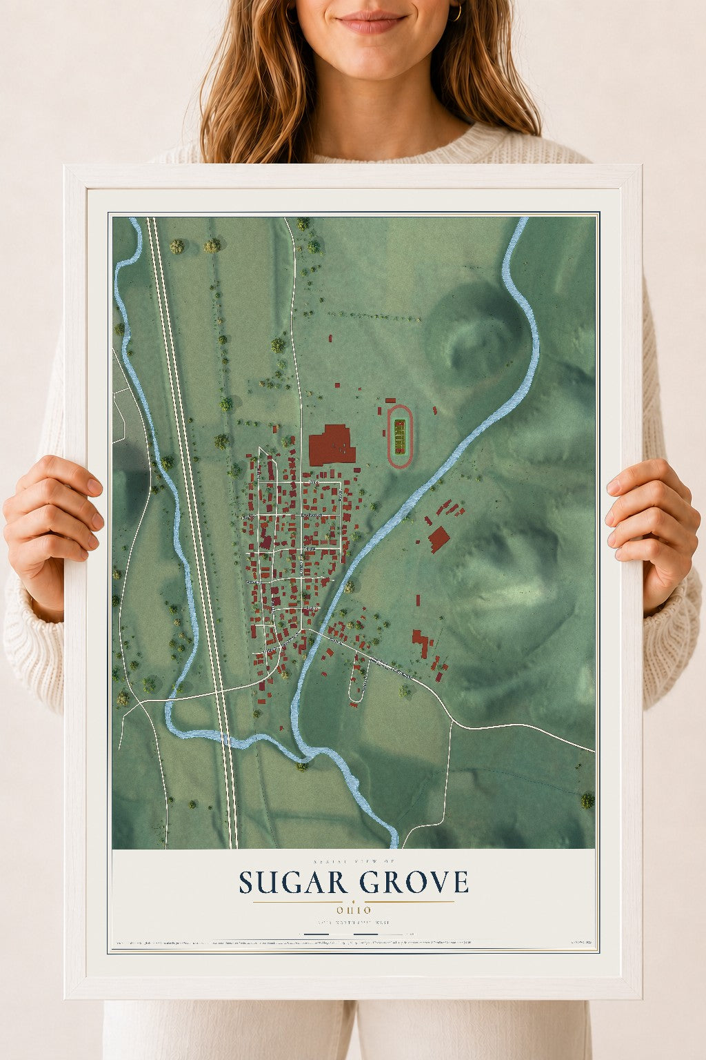 Map of Sugar Grove, Ohio, 18 x 24 inch print in a white wood frame