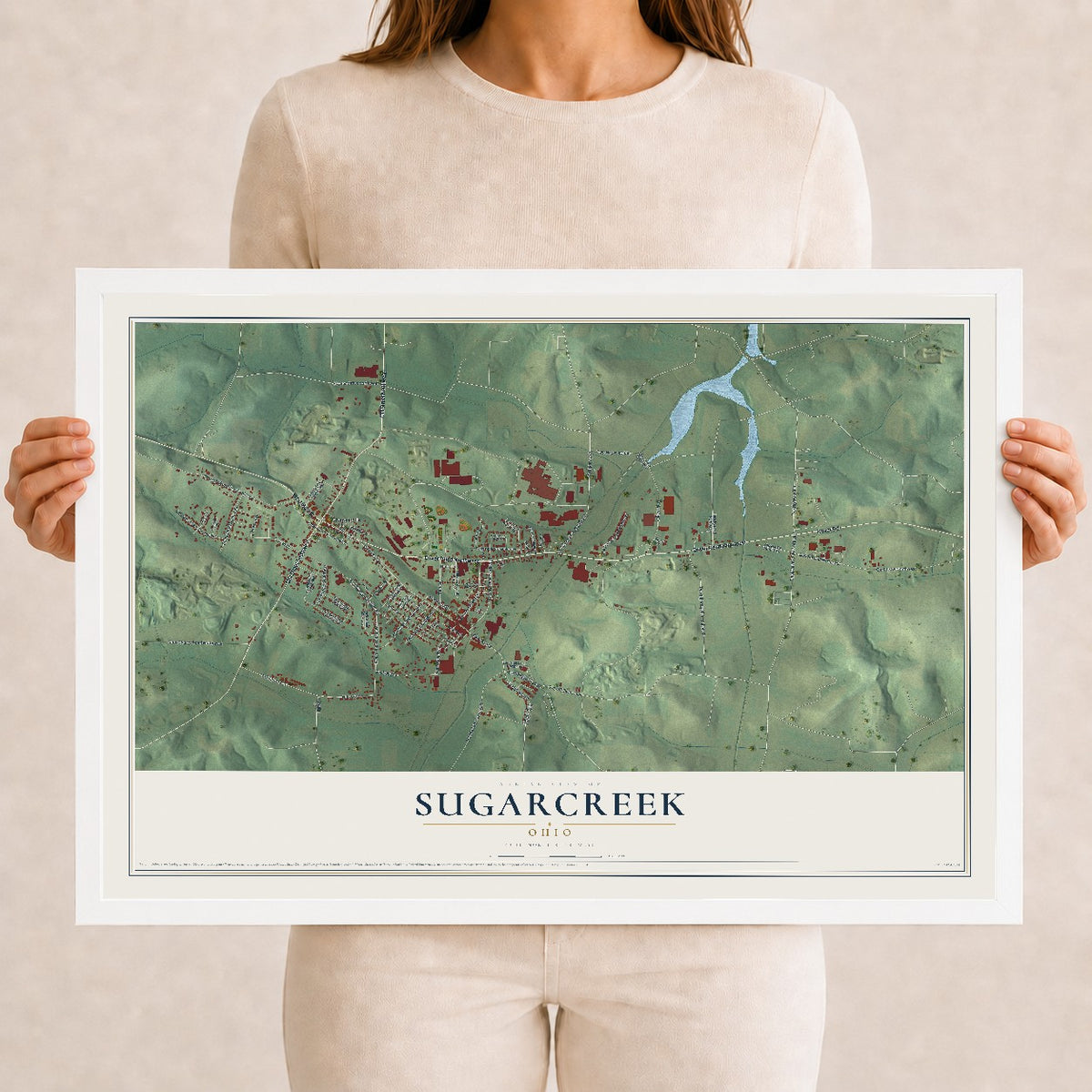 Map of Sugarcreek, Ohio, 12 x 18 inch print in a white wood frame