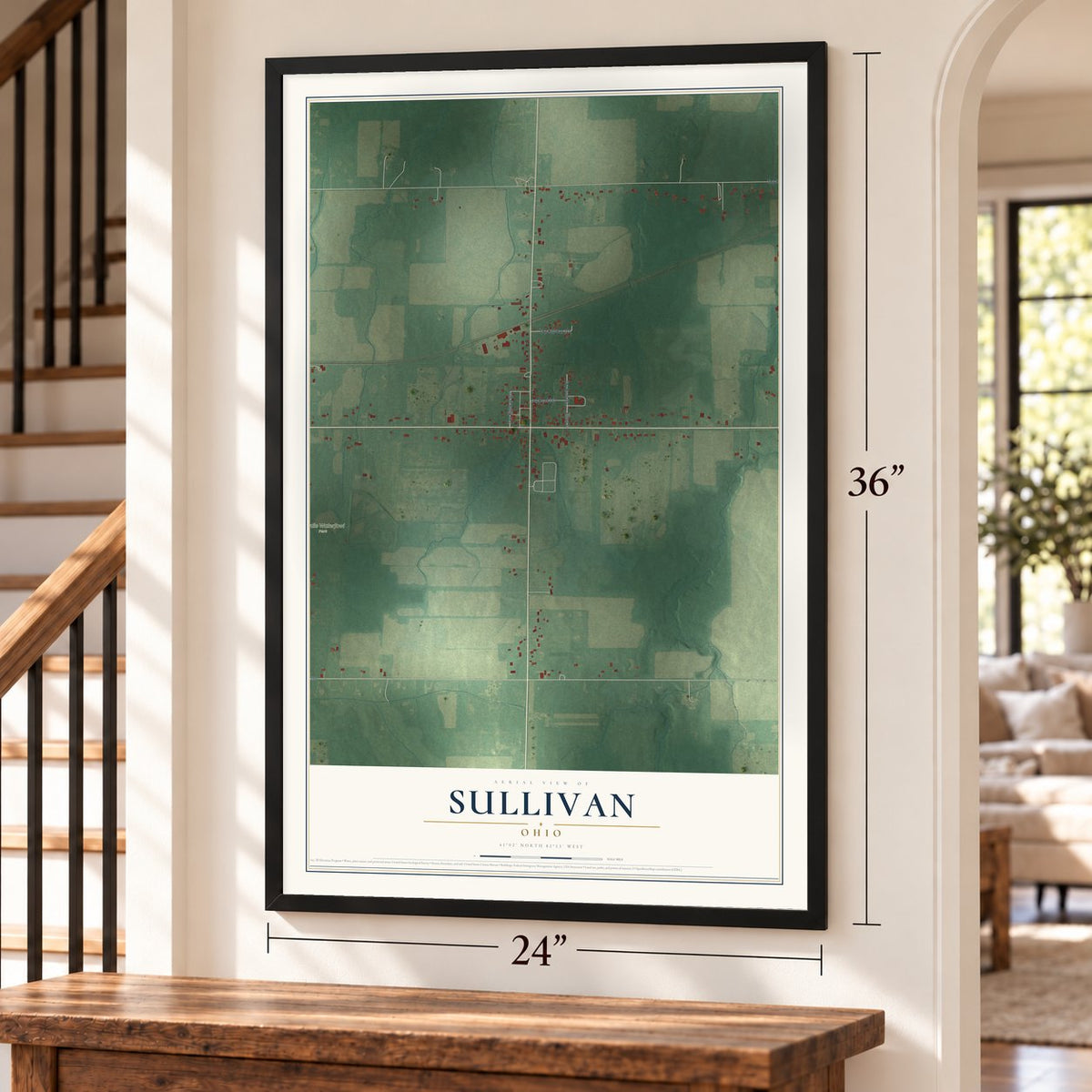 Sullivan, Ohio map, 24 x 36 inch print in a black frame by a staircase