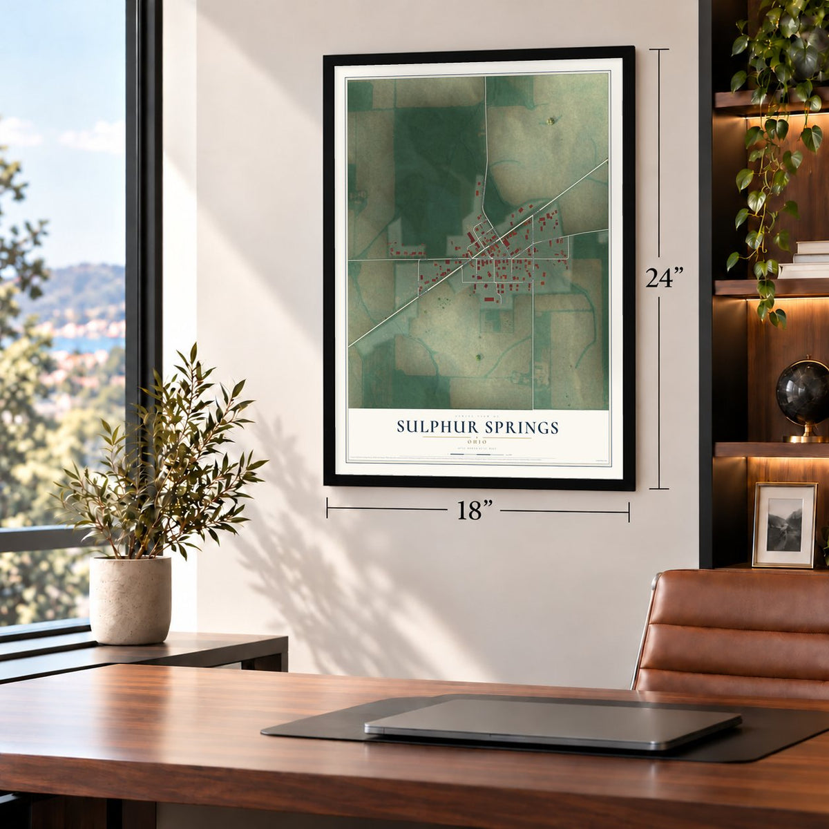 Sulphur Springs, Ohio map, 18 x 24 inch print in a black frame in a home office