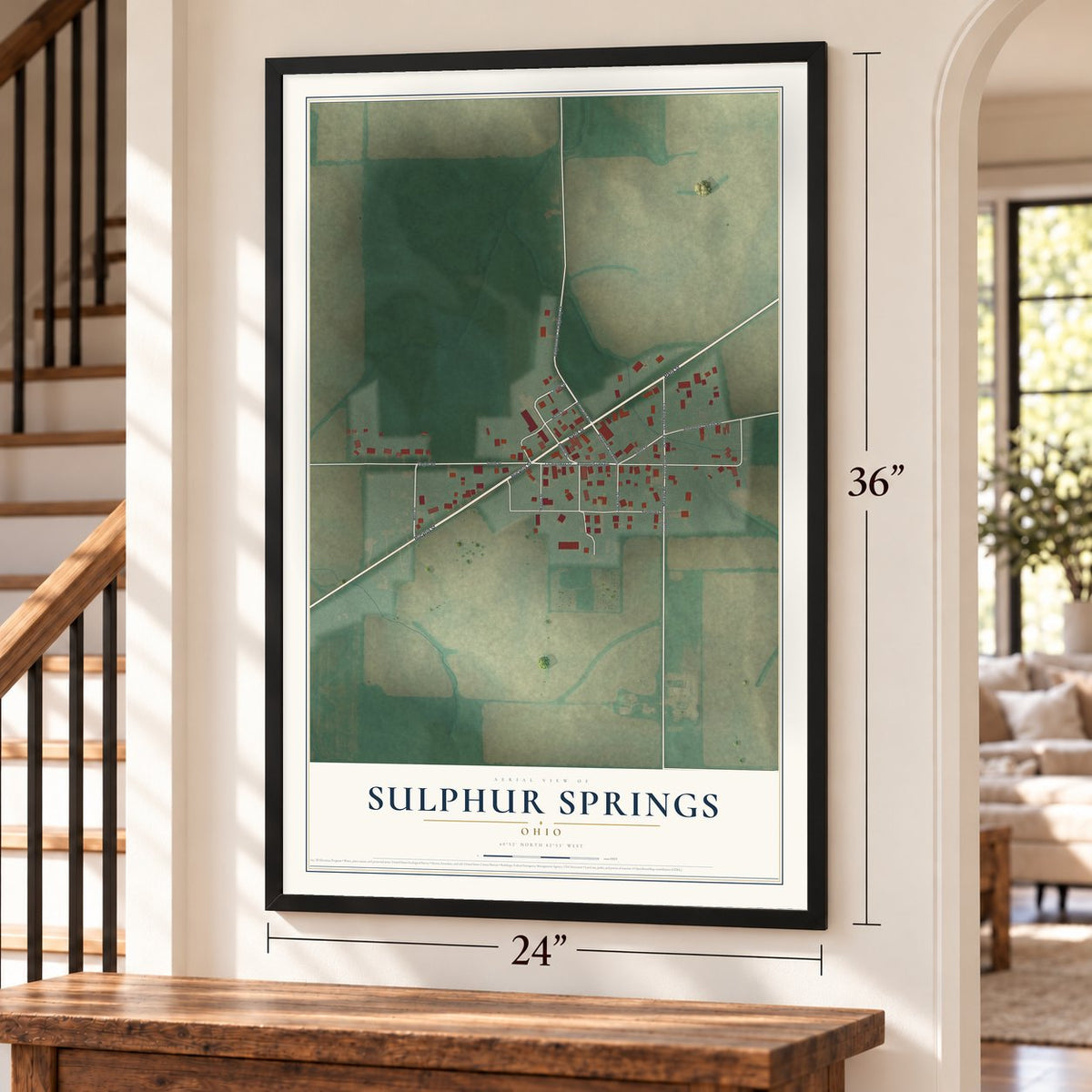 Sulphur Springs, Ohio map, 24 x 36 inch print in a black frame by a staircase