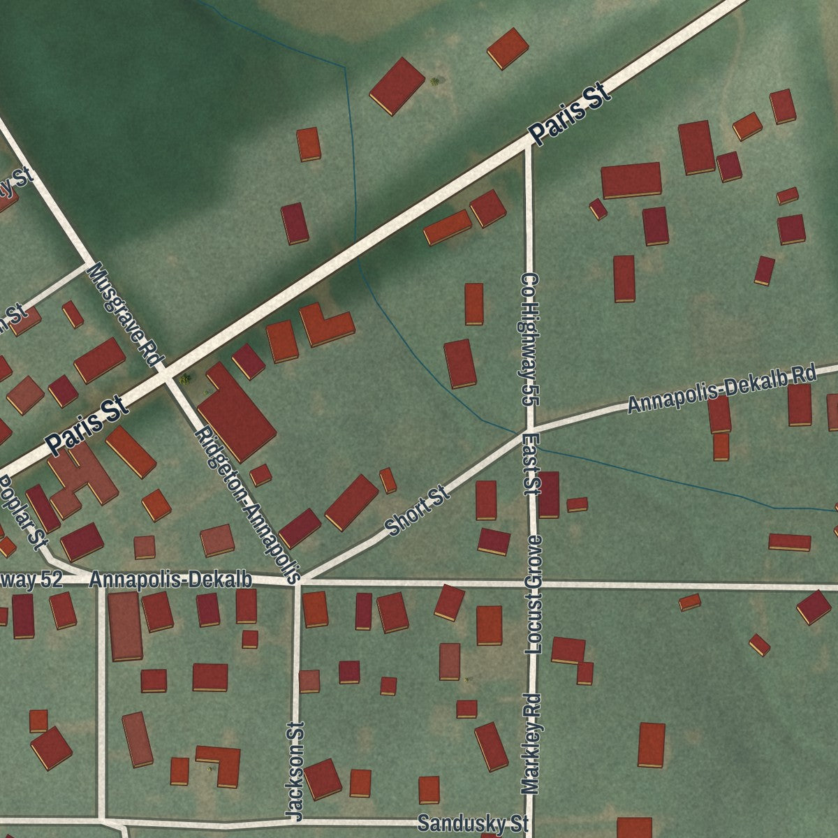 Close-up of the map of Sulphur Springs, Ohio print showing street and building detail