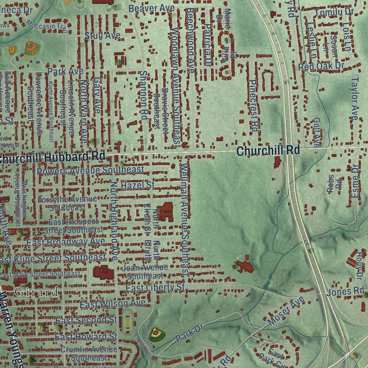 Close-up of the map of Summit, Ohio print showing street and building detail