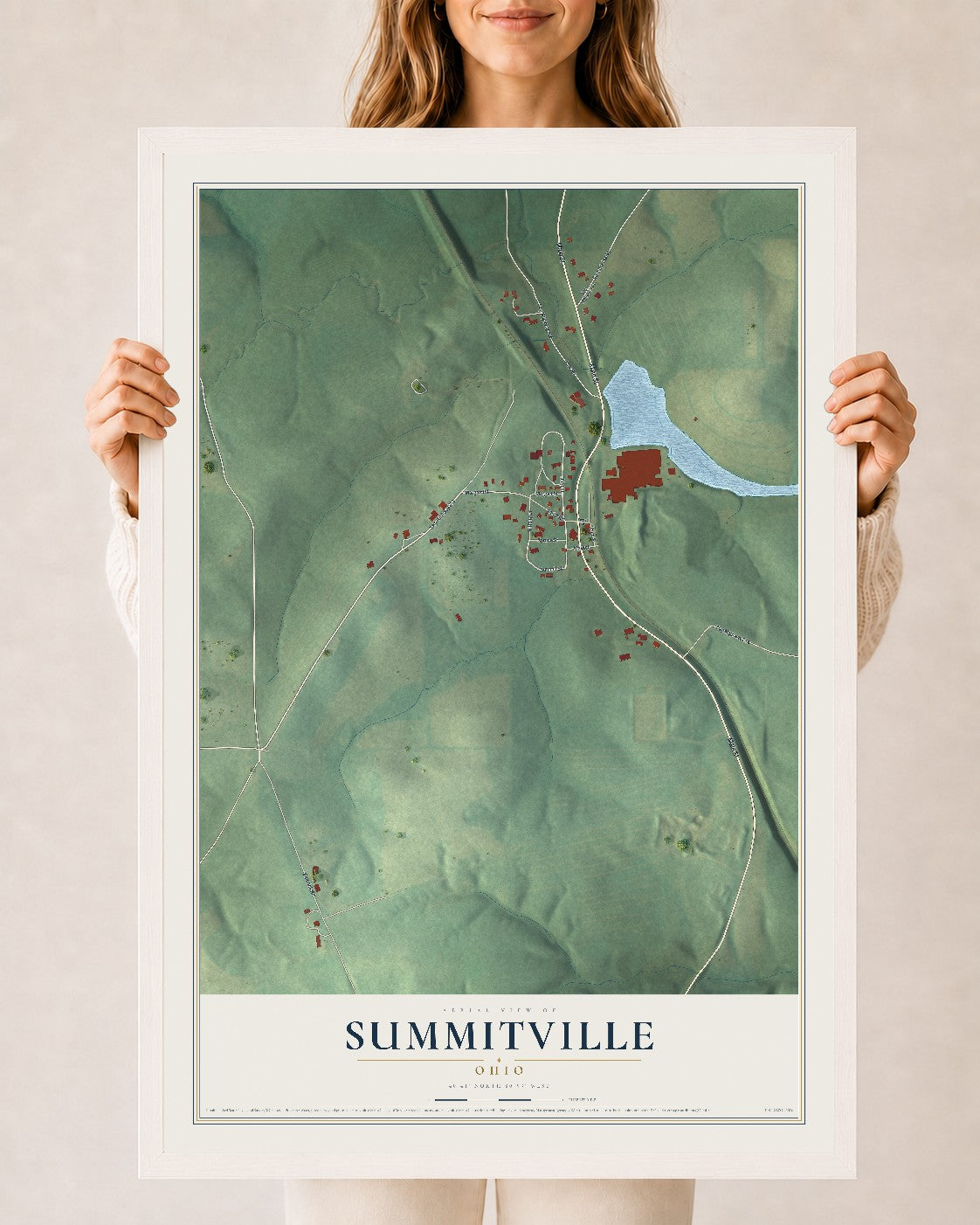 Map of Summitville, Ohio, 24 x 36 inch print in a white wood frame