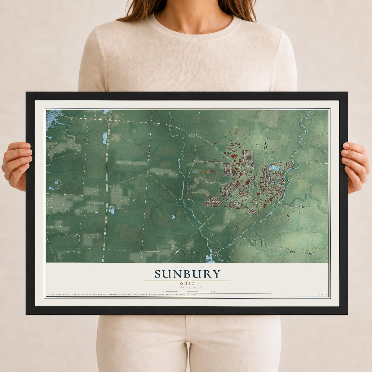 Map of Sunbury, Ohio, 12 x 18 inch print in a black wood frame