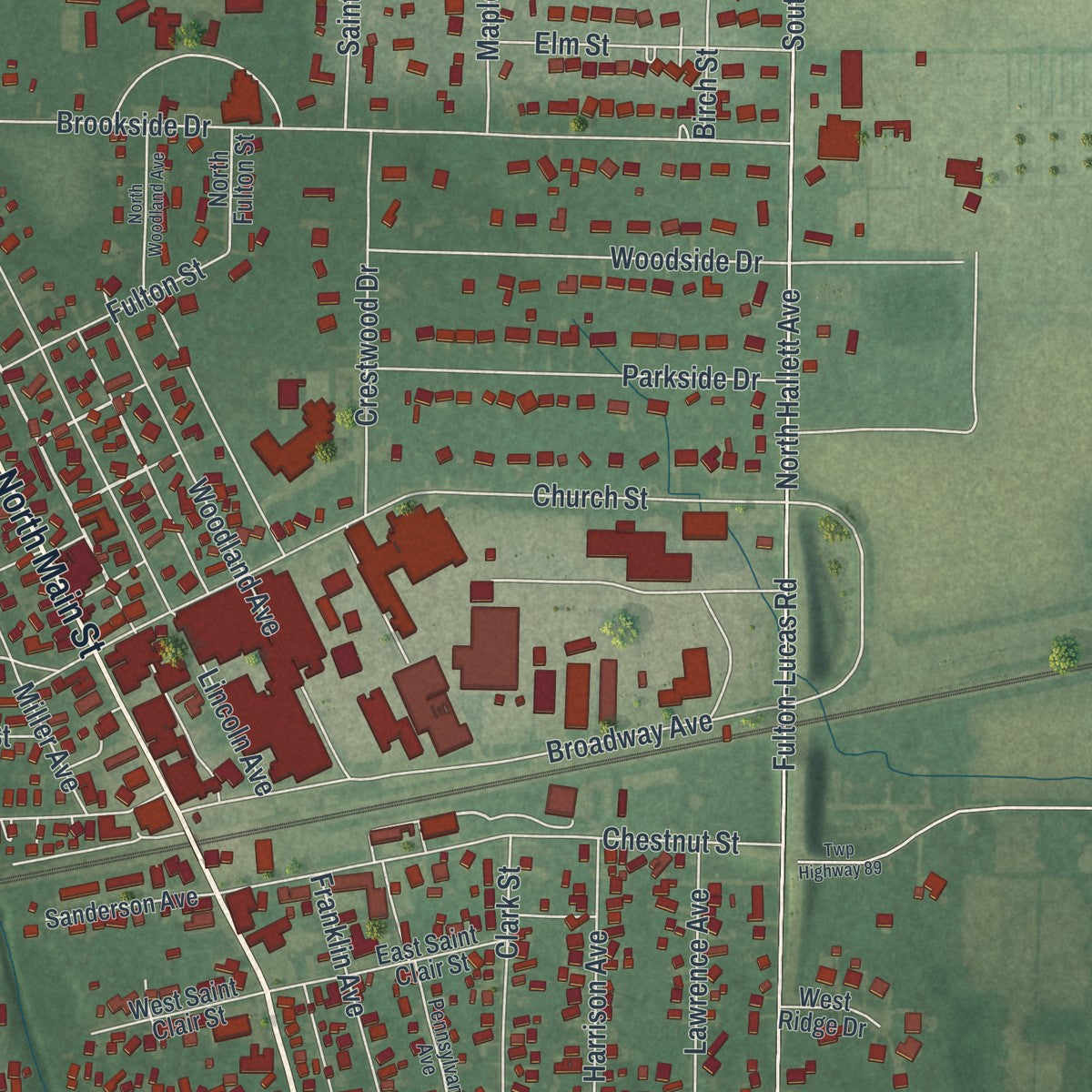 Close-up of the map of Swanton, Ohio print showing street and building detail