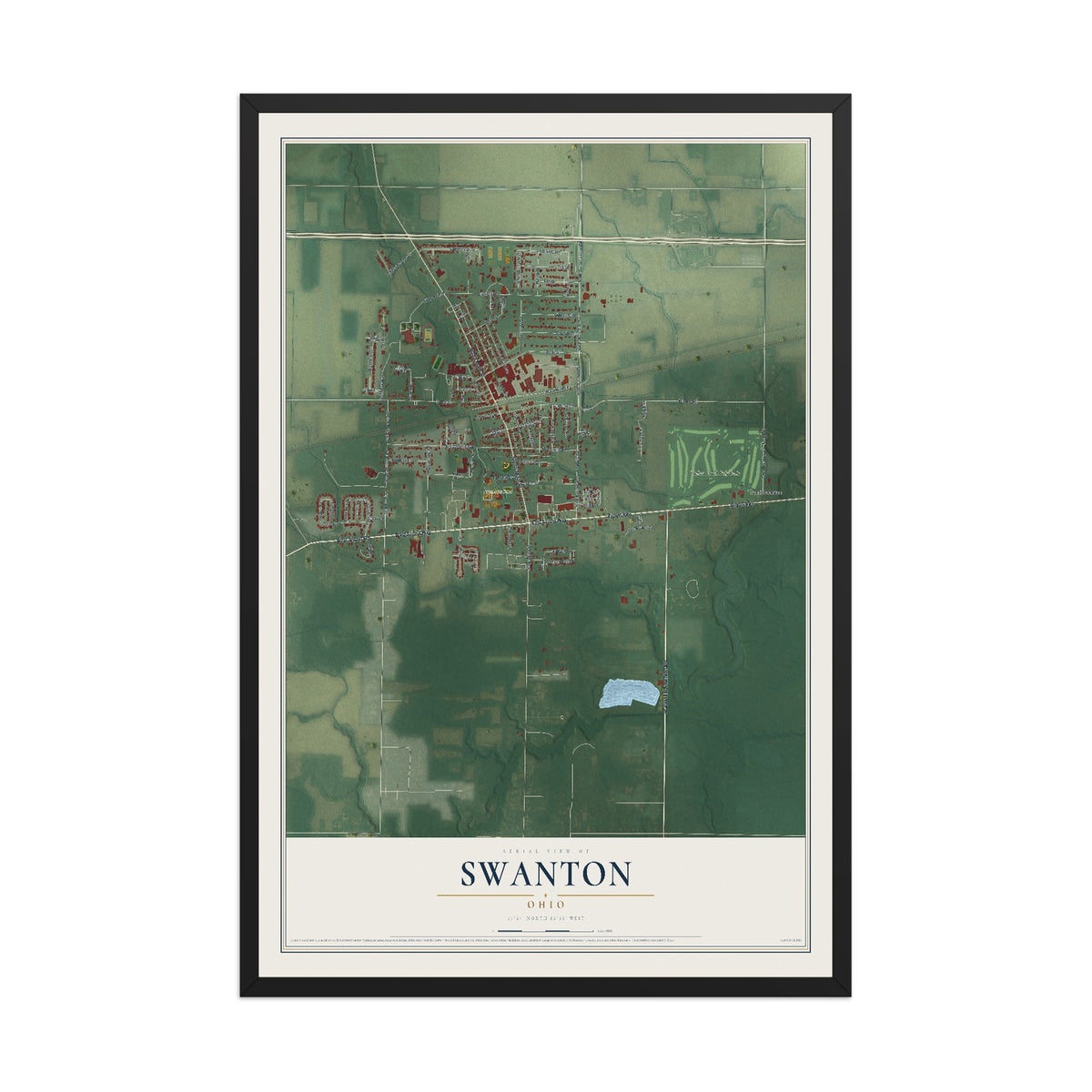 Map of Swanton, Ohio, 12 x 18 inch print in a black wood frame