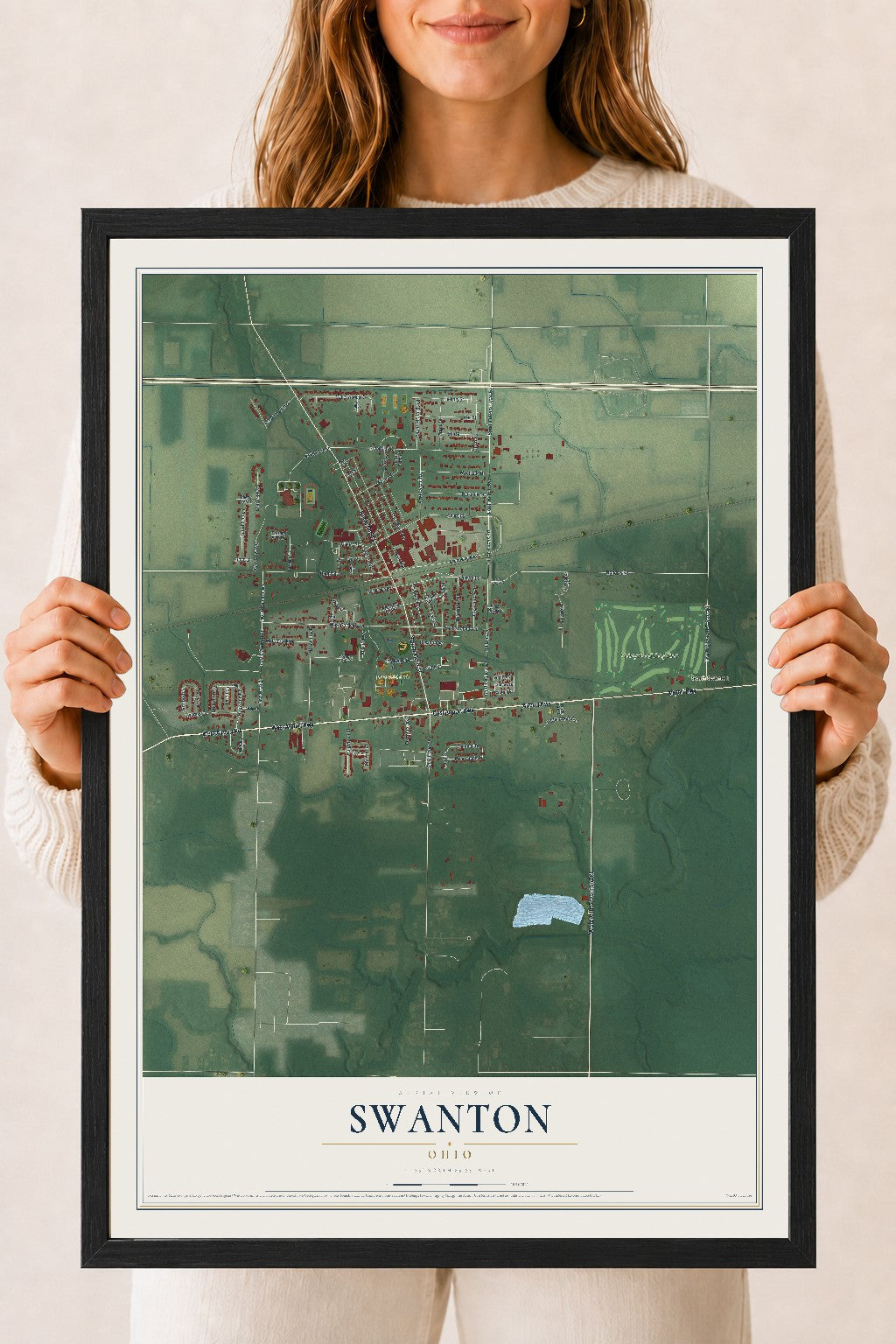 Map of Swanton, Ohio, 18 x 24 inch print in a black wood frame