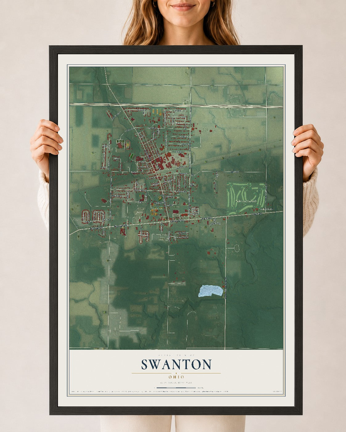 Map of Swanton, Ohio, 24 x 36 inch print in a black wood frame