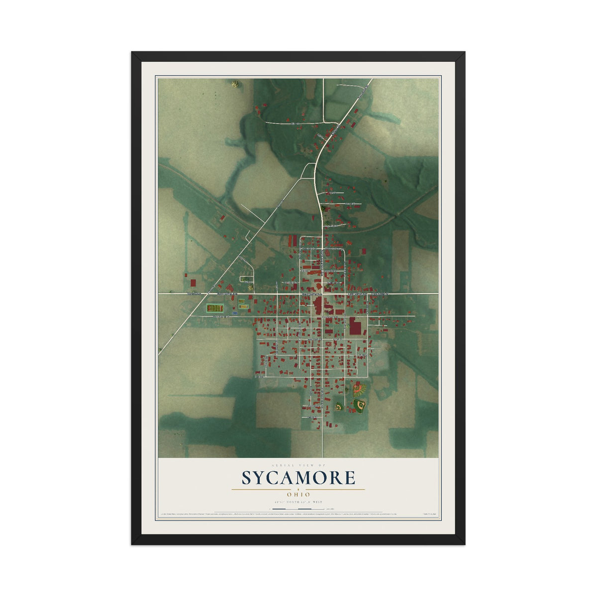 Map of Sycamore, Ohio, 12 x 18 inch print in a black wood frame