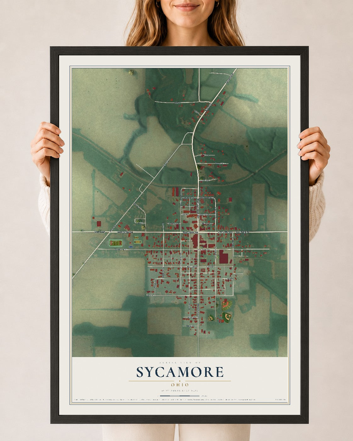 Map of Sycamore, Ohio, 24 x 36 inch print in a black wood frame