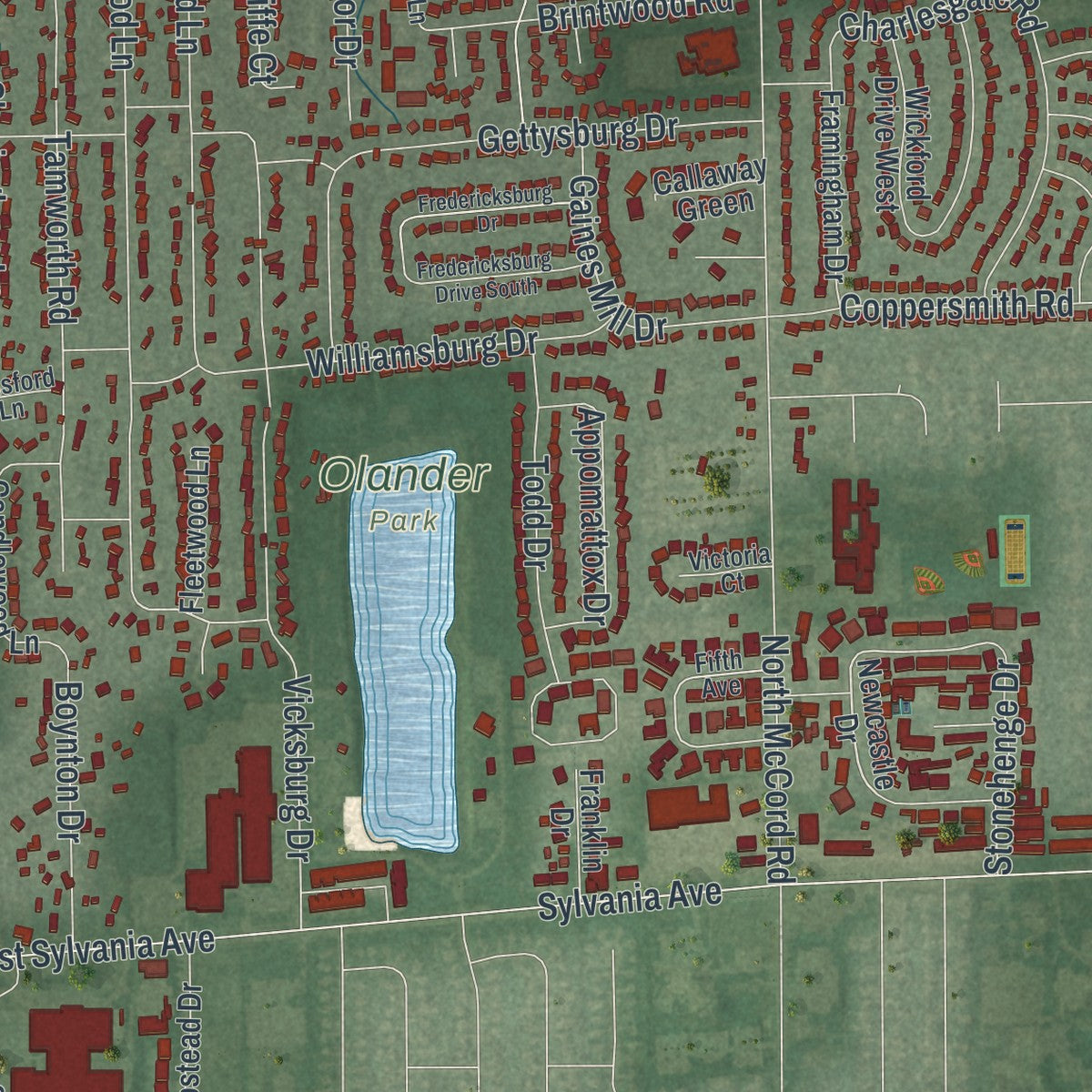 Close-up of the map of Sylvania, Ohio print showing street and building detail