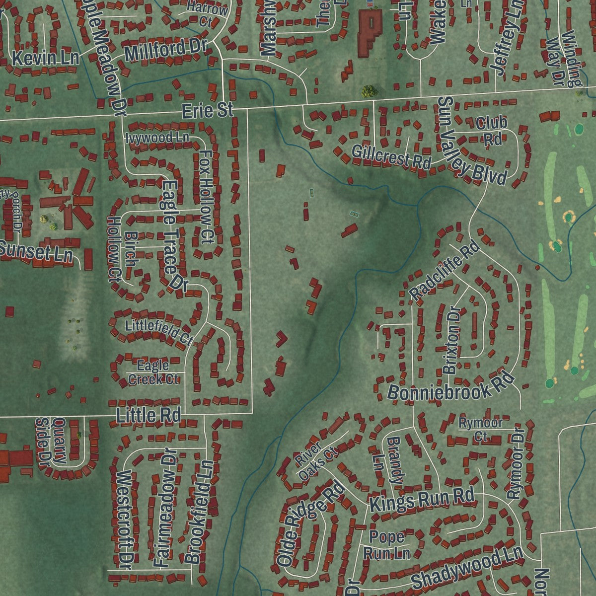 Second close-up of the map of Sylvania, Ohio print showing more streets and buildings