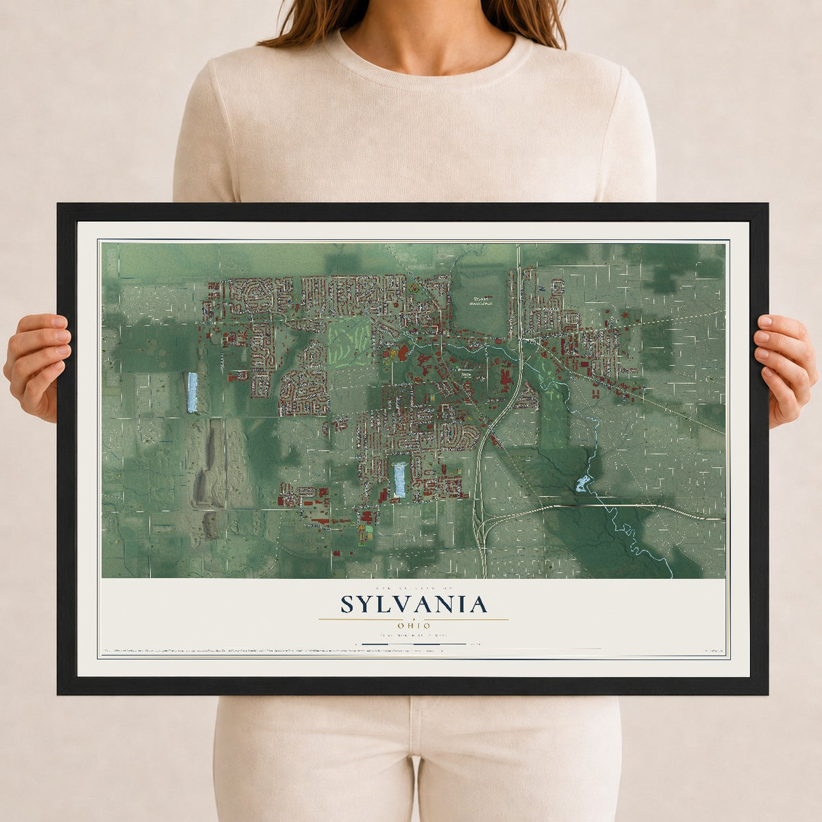 Map of Sylvania, Ohio, 12 x 18 inch print in a black wood frame