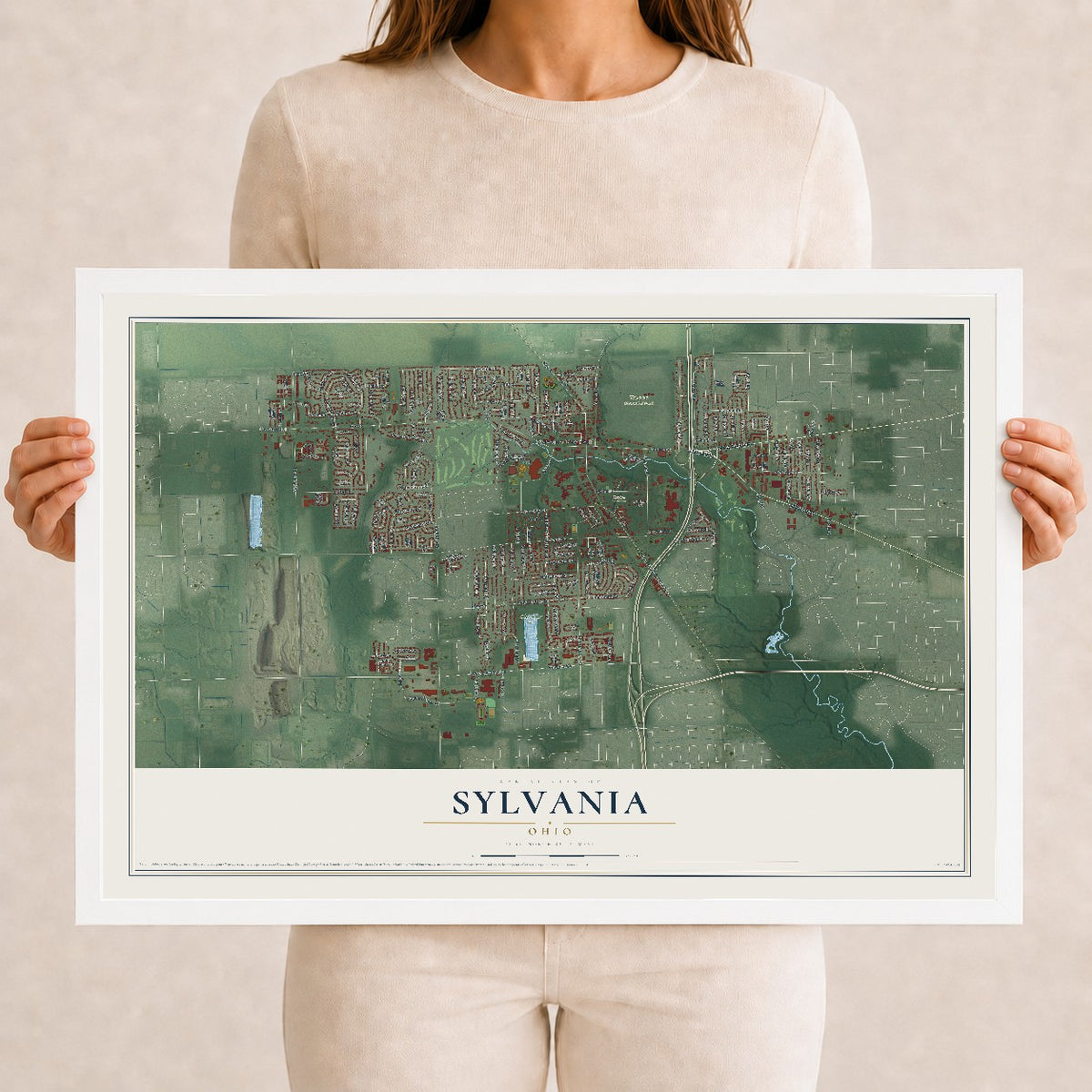 Map of Sylvania, Ohio, 12 x 18 inch print in a white wood frame
