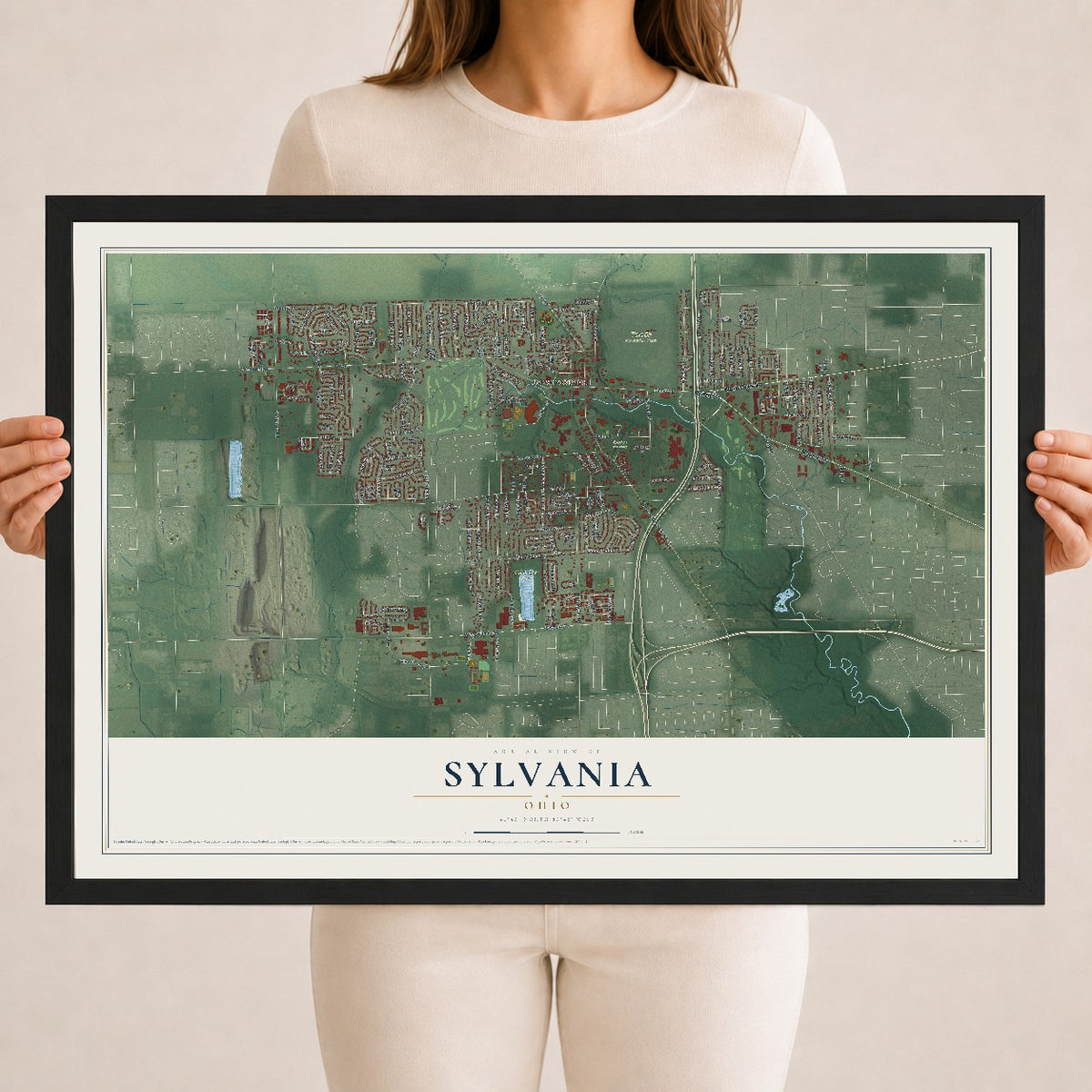 Map of Sylvania, Ohio, 18 x 24 inch print in a black wood frame