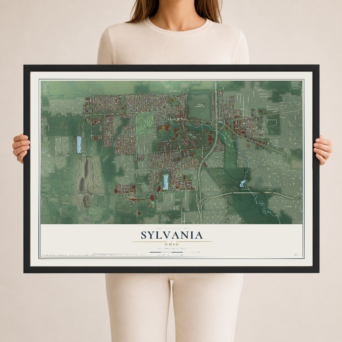 Map of Sylvania, Ohio, 24 x 36 inch print in a black wood frame