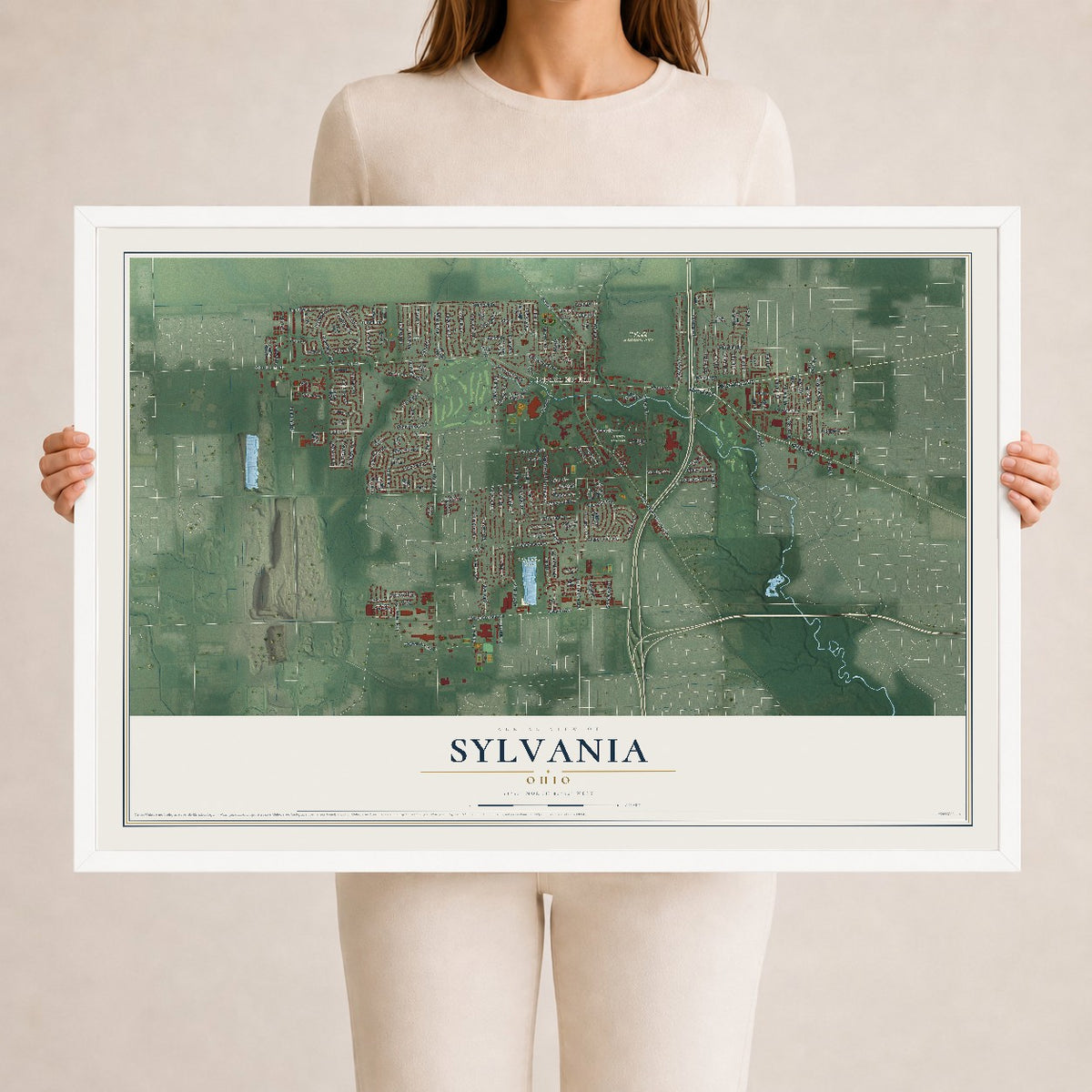 Map of Sylvania, Ohio, 24 x 36 inch print in a white wood frame