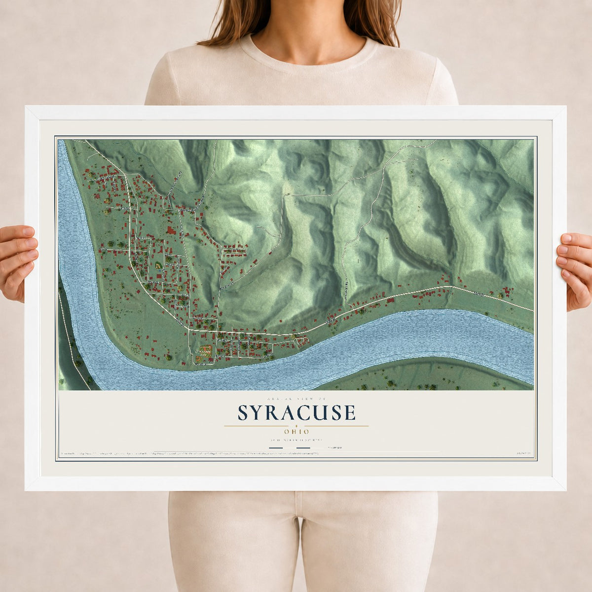 Map of Syracuse, Ohio, 18 x 24 inch print in a white wood frame