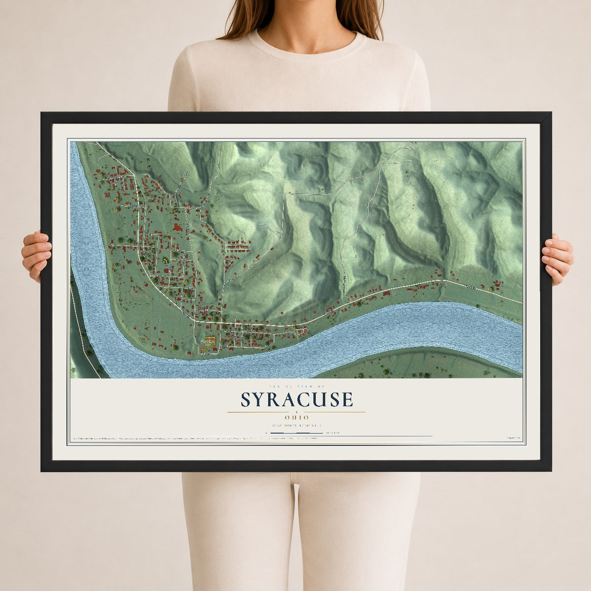 Map of Syracuse, Ohio, 24 x 36 inch print in a black wood frame