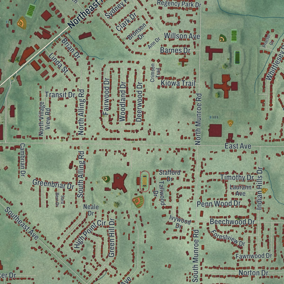 Close-up of the map of Tallmadge, Ohio print showing street and building detail