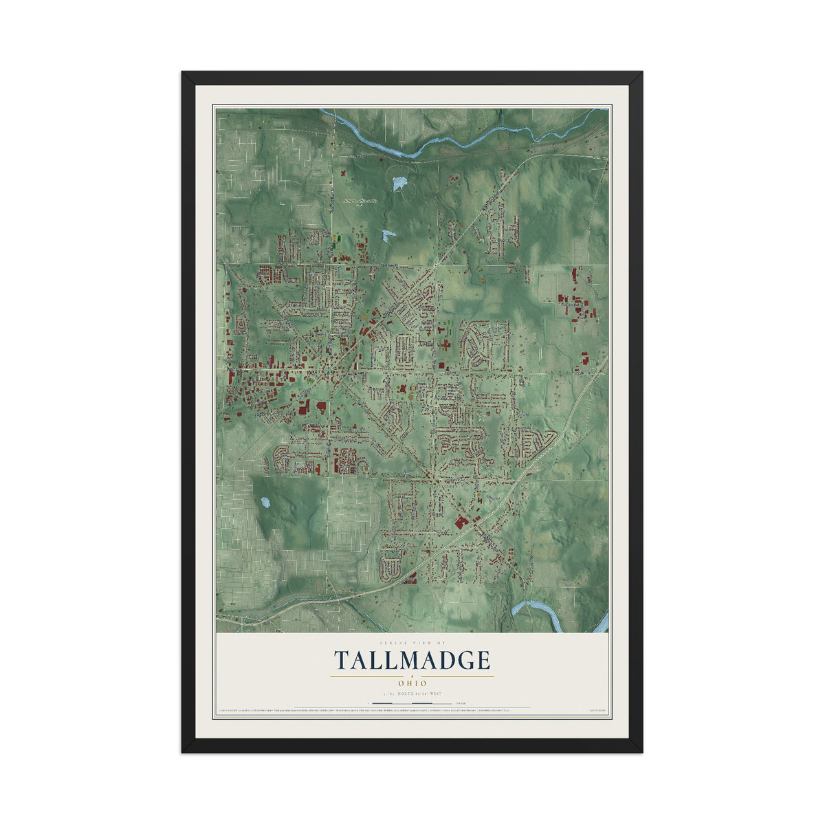 Map of Tallmadge, Ohio, 12 x 18 inch print in a black wood frame